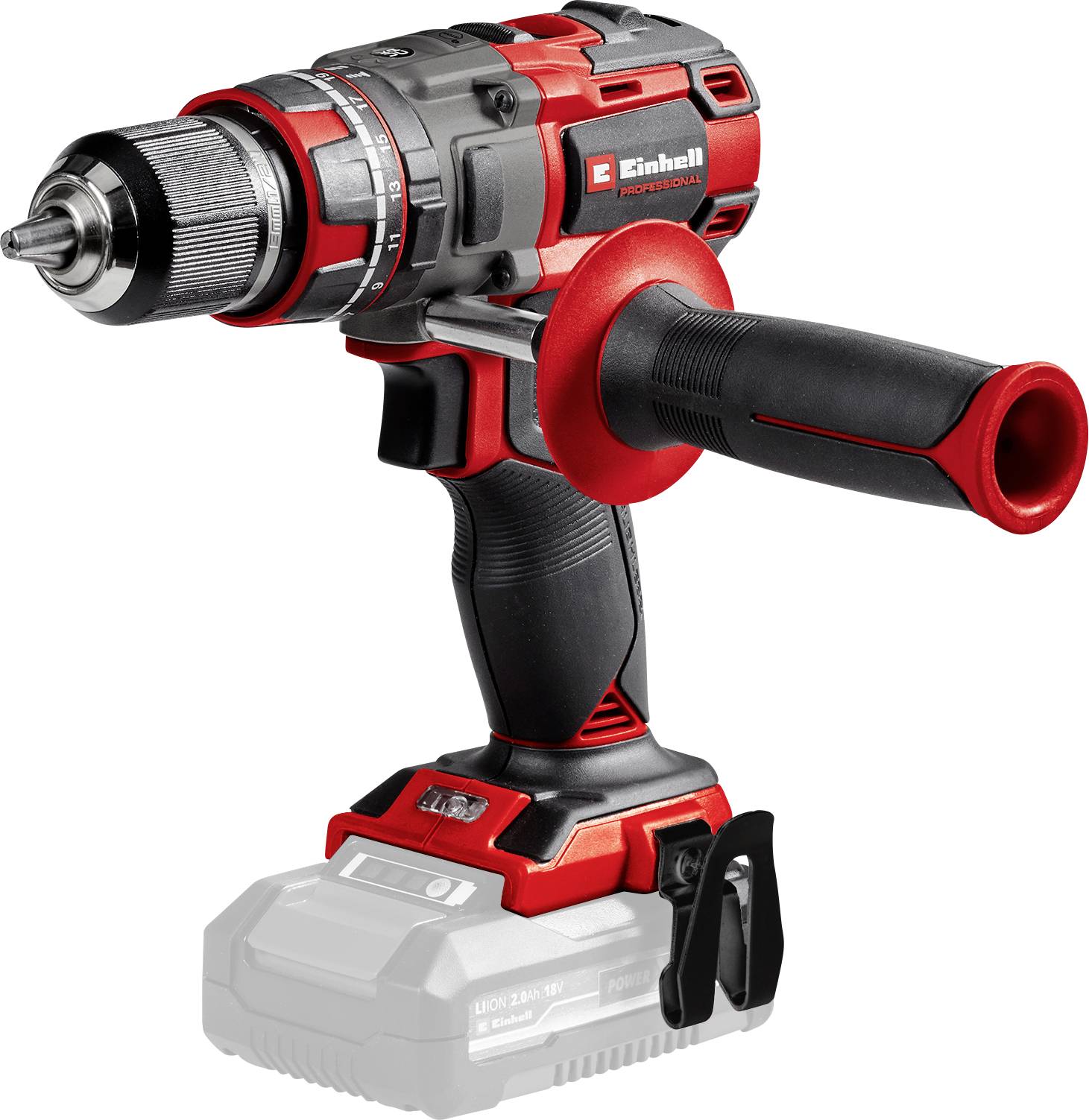 Eine rote und schwarze kabellose Akku-Bohrmaschine mit herausnehmbarem Akku und verstellbarem Griff, entwickelt für Heimwerker- und DIY-Projekte.
