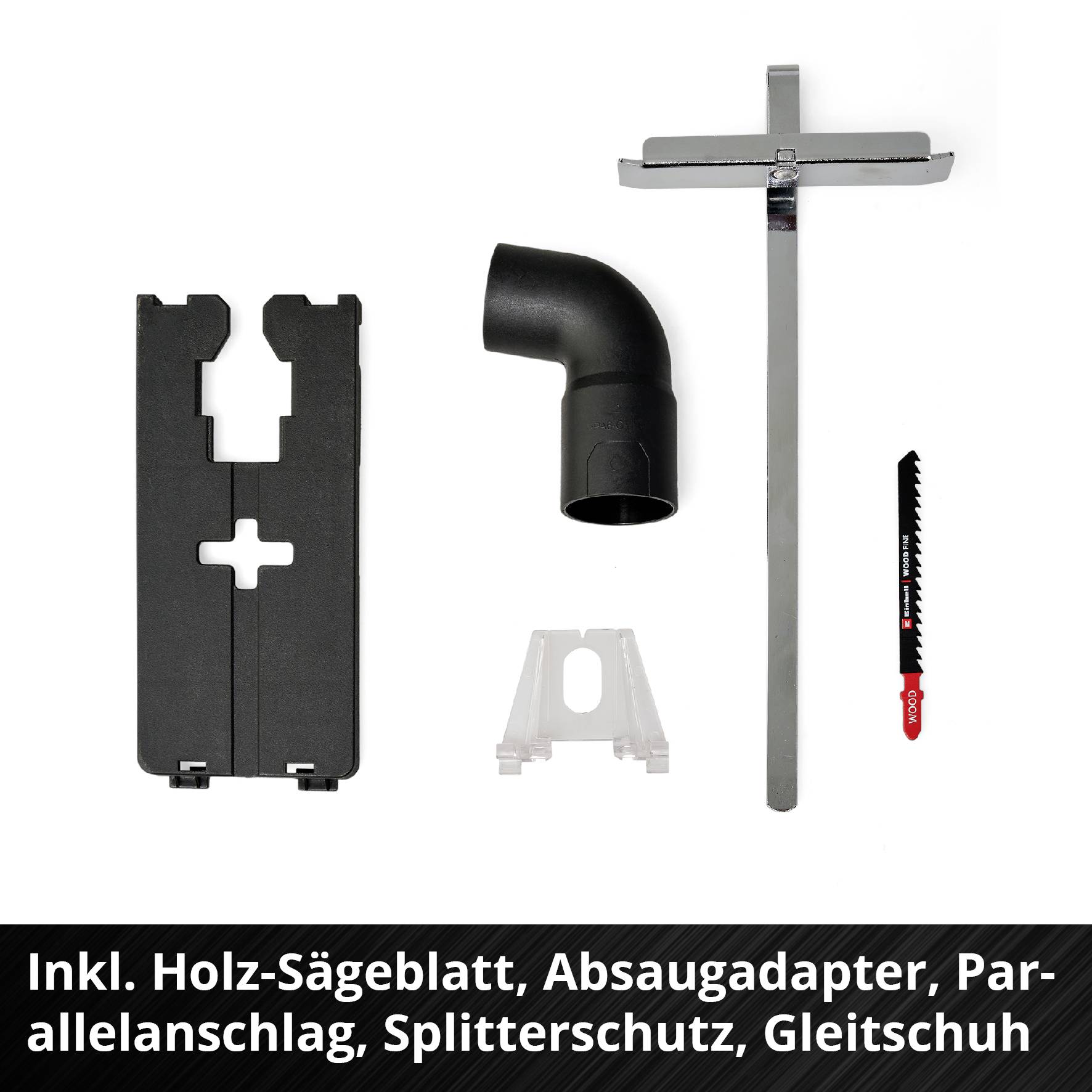 Sägeblatt mit Zubehör: Holz-Sägeblatt, Absaugadapter, Parallelanschlag, Splitterschutz, Gleit- und Führungsschuh vorne zu sehen.