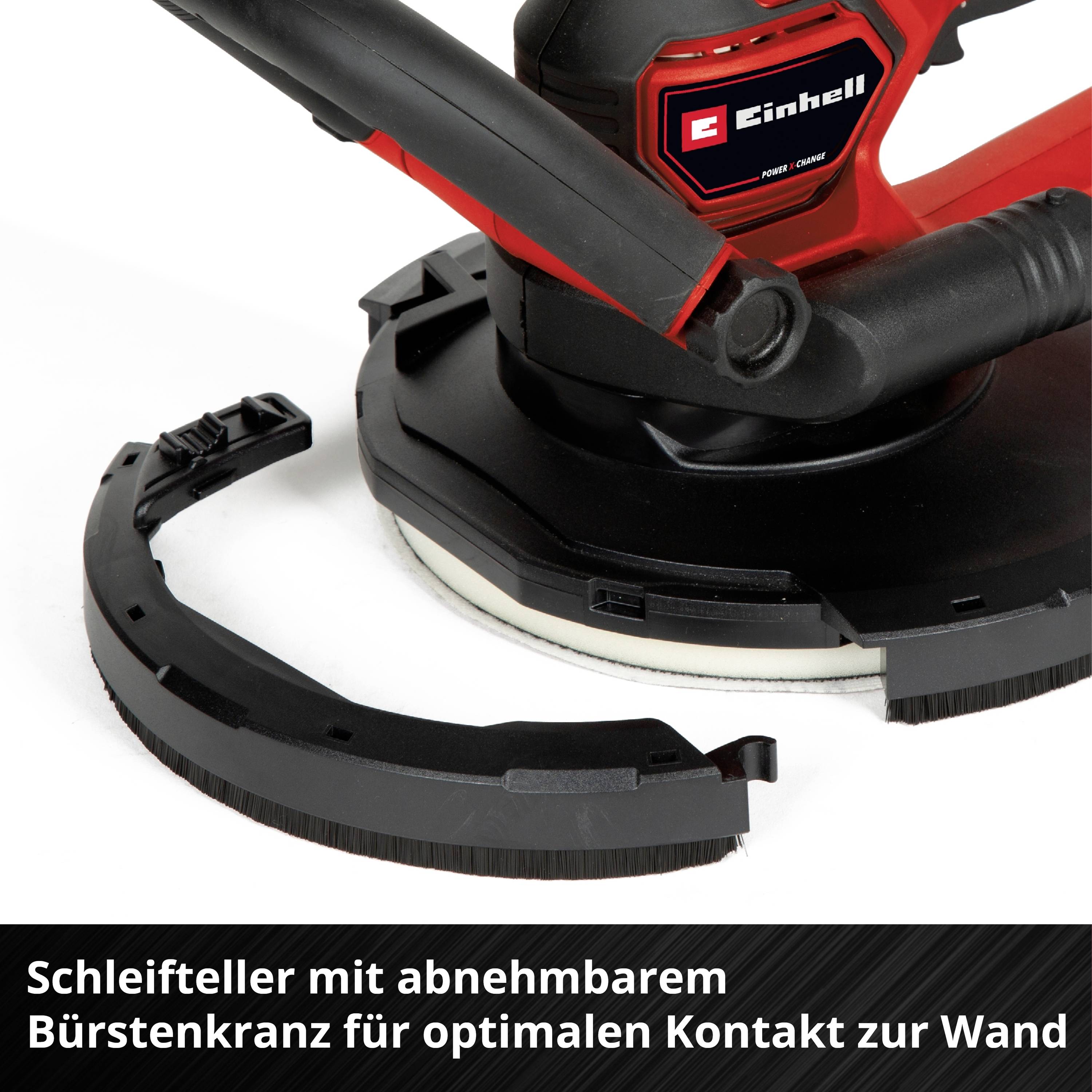 Schleifteller mit abnehmbarem Bürstenkranz bietet optimalen Kontakt zur Wand.