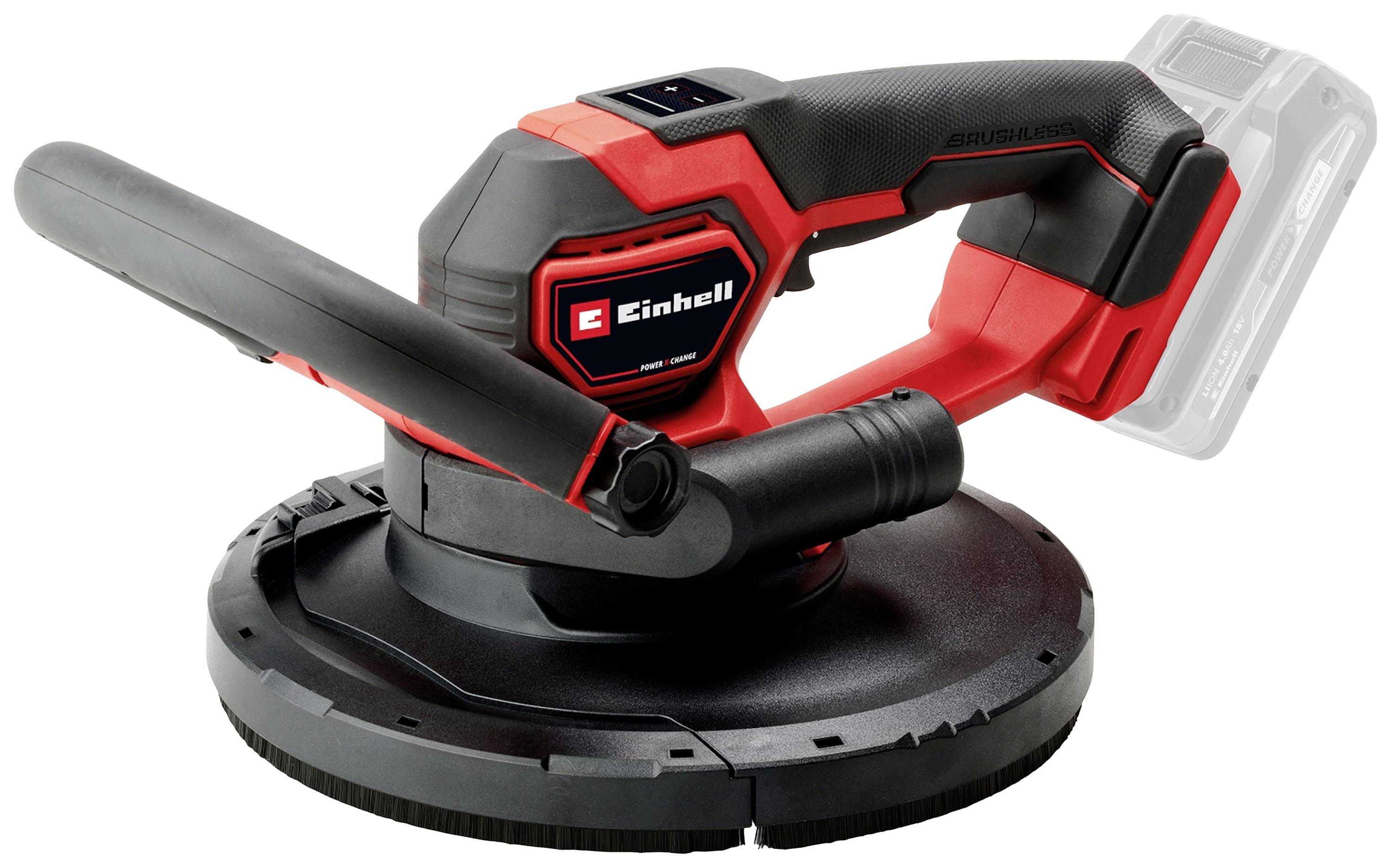 Einhell Akku-Trockenbauschleifer in Rot und Schwarz, seitlich gezeigt. Hauptmerkmal: ergonomischer Griff, staubfreies Schleifen.
