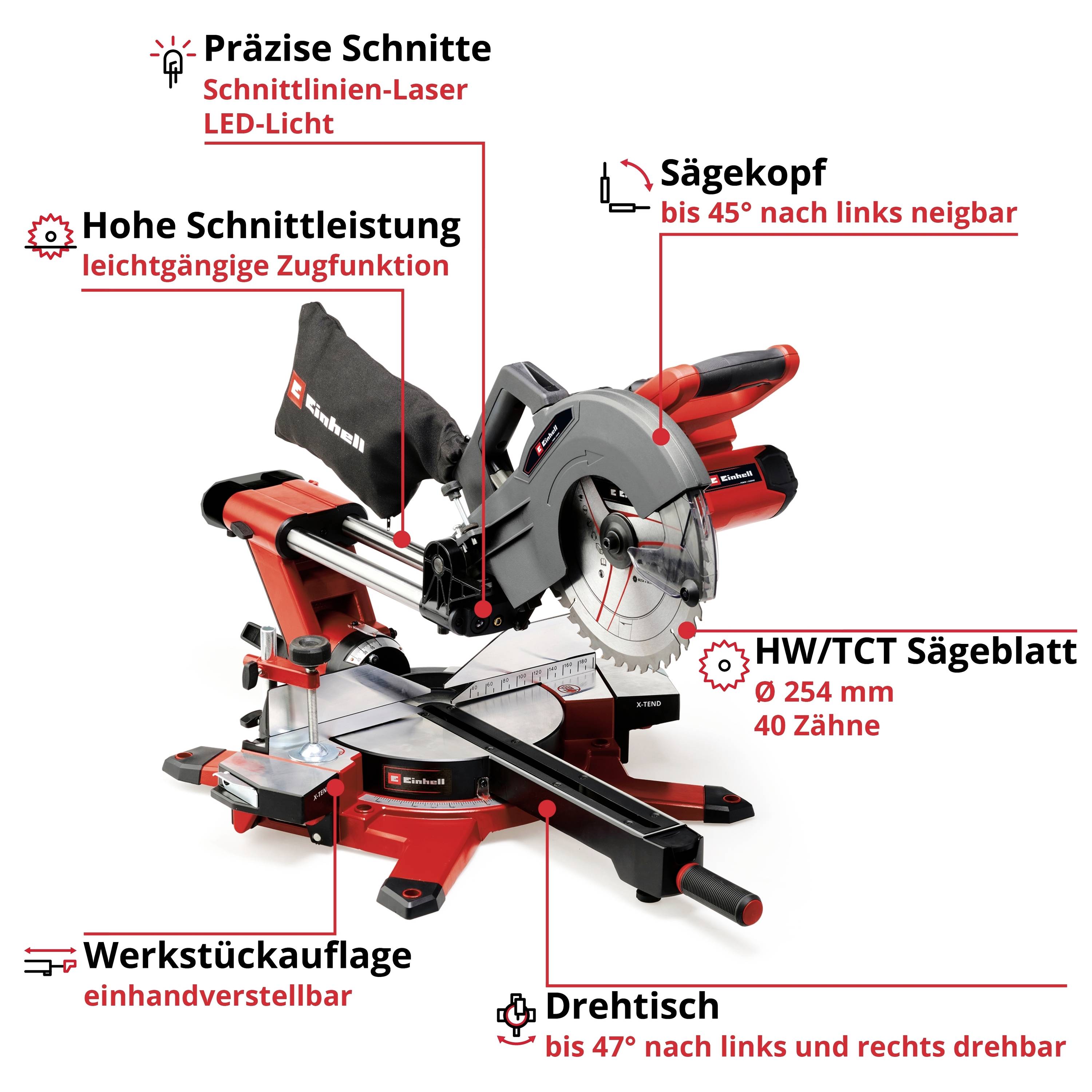 Gehrungssäge mit präzisen Schnitten dank LED-Licht. Sägekopf bis 45° neigbar. HW/TCT Sägeblatt Ø 254 mm. Drehtisch bis 47° verstellbar.
