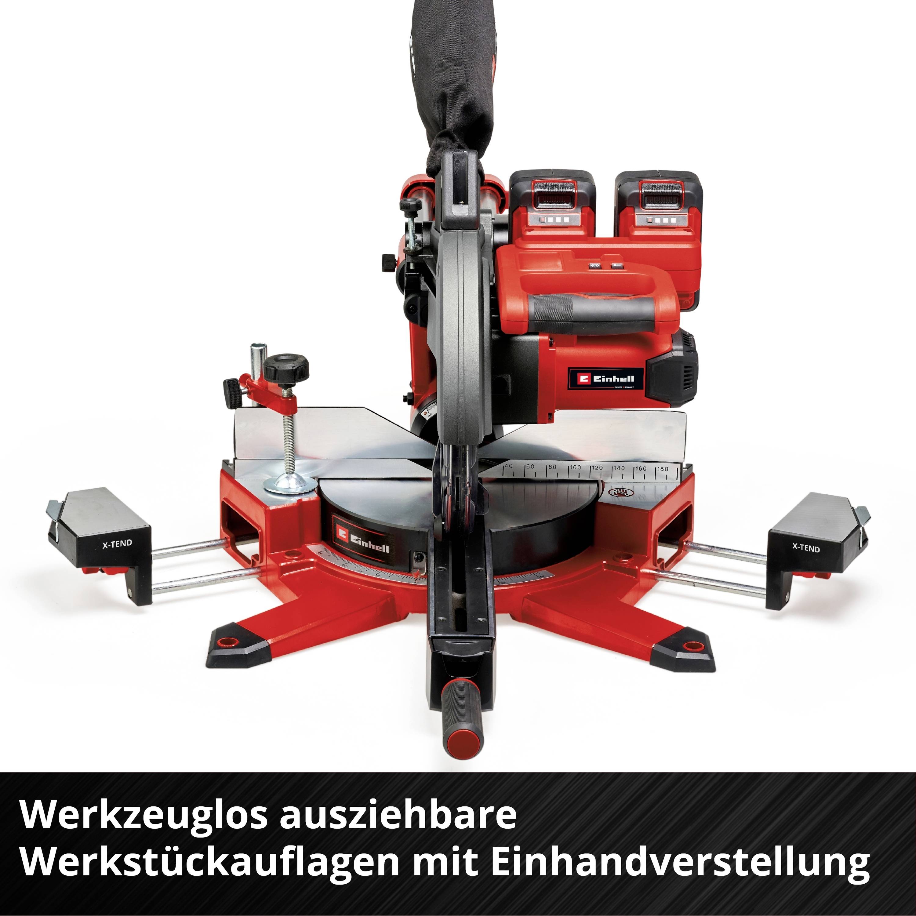Eine rote Kappsäge mit der Aufschrift 'Werkzeuglos ausziehbare Werkstückauflagen mit Einhandverstellung'.