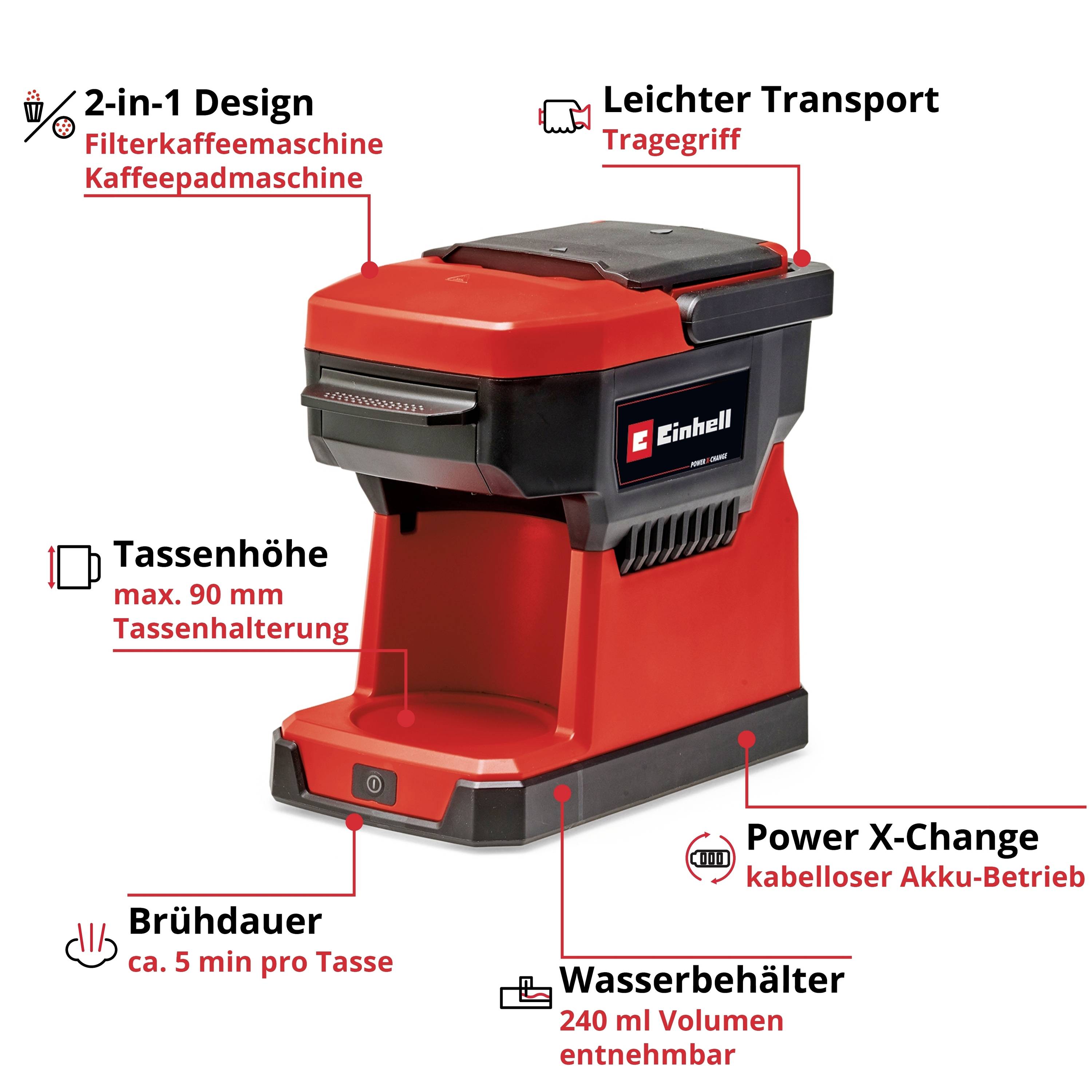 Einhell TE-CF 18 Li-Solo Power X-Change Kaffeemaschine Rot Fassungsvermögen Tassen=1 mit Filterkaffee-Funktion
