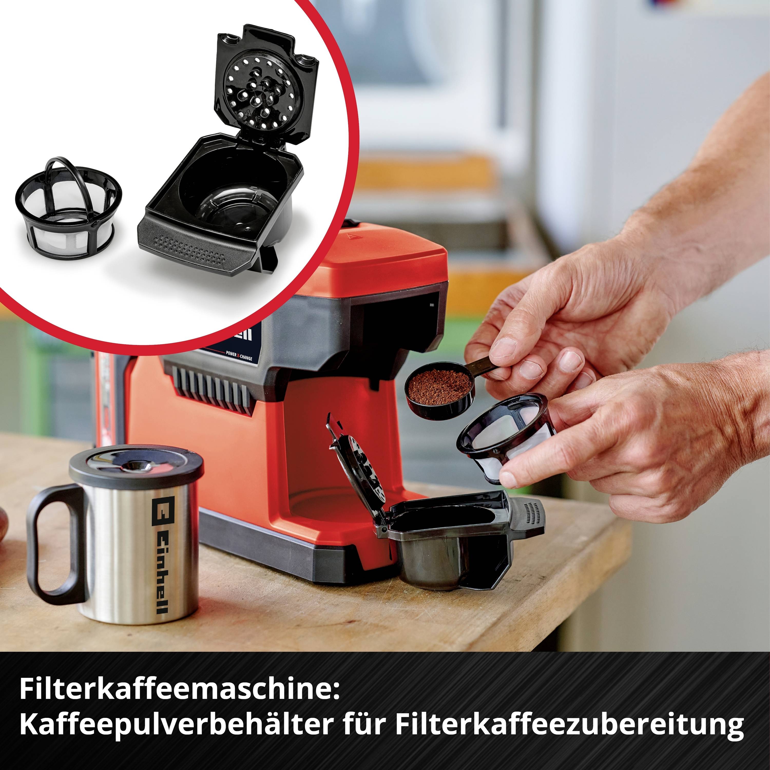 Einhell TE-CF 18 Li-Solo Power X-Change Kaffeemaschine Rot Fassungsvermögen Tassen=1 mit Filterkaffee-Funktion