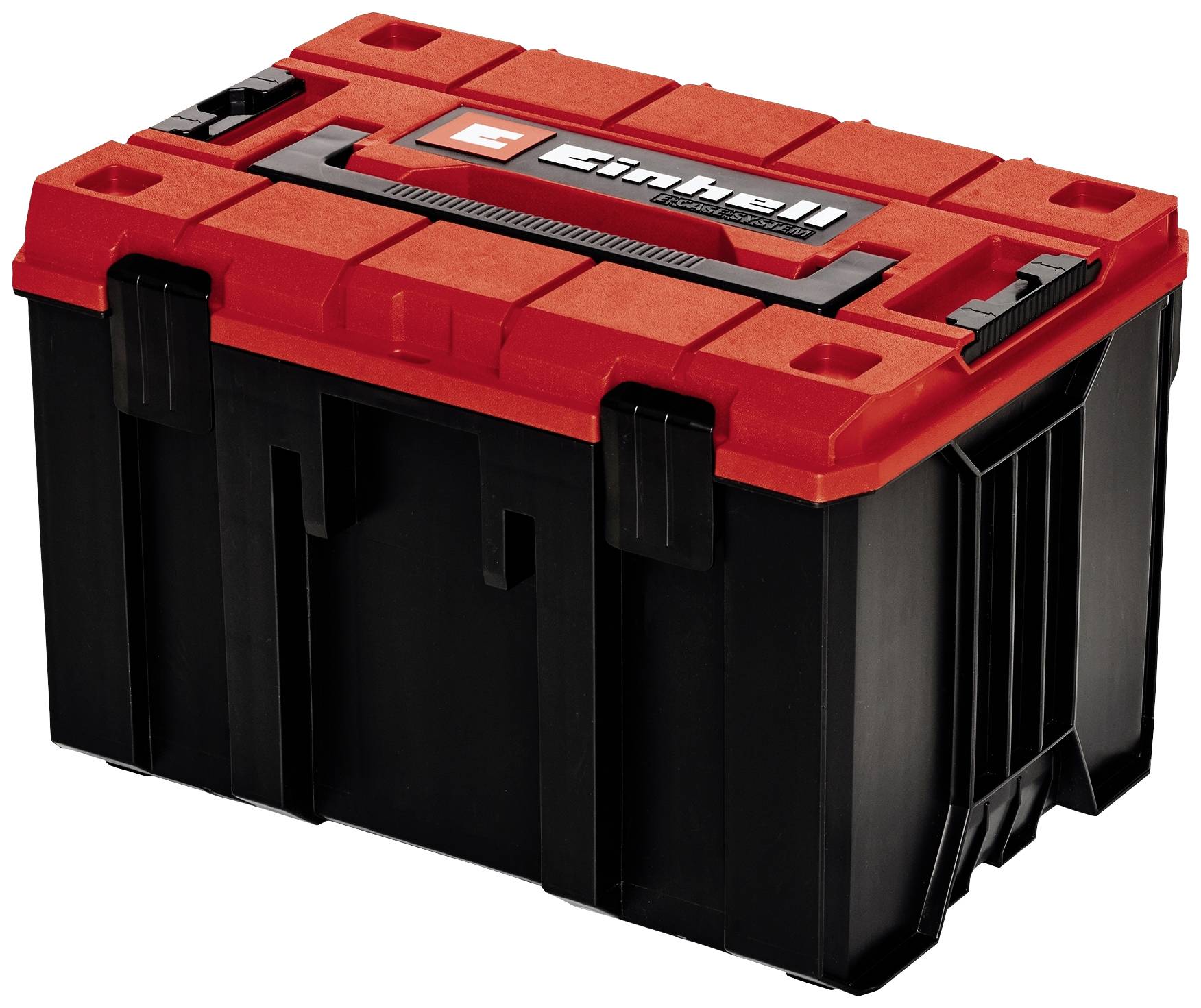 Rote und schwarze Werkzeugkiste mit Einhell-Logo auf dem Deckel. Ideal zur Aufbewahrung und Transport von Werkzeugen.