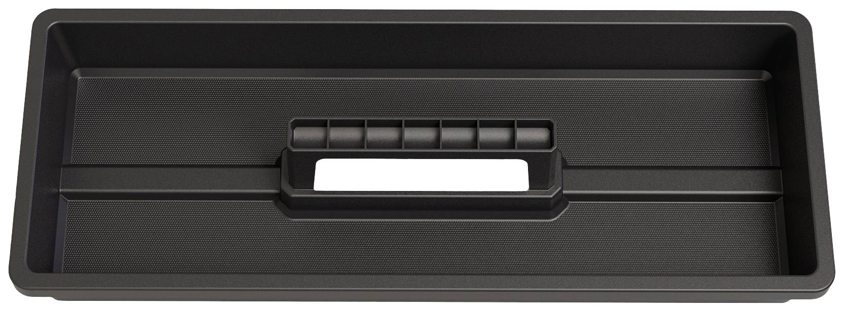 Ein rechteckiges, flaches Tablett mit erhöhtem Rand und einer rechteckigen Grifföffnung in der Mitte, geeignet zur Aufbewahrung.