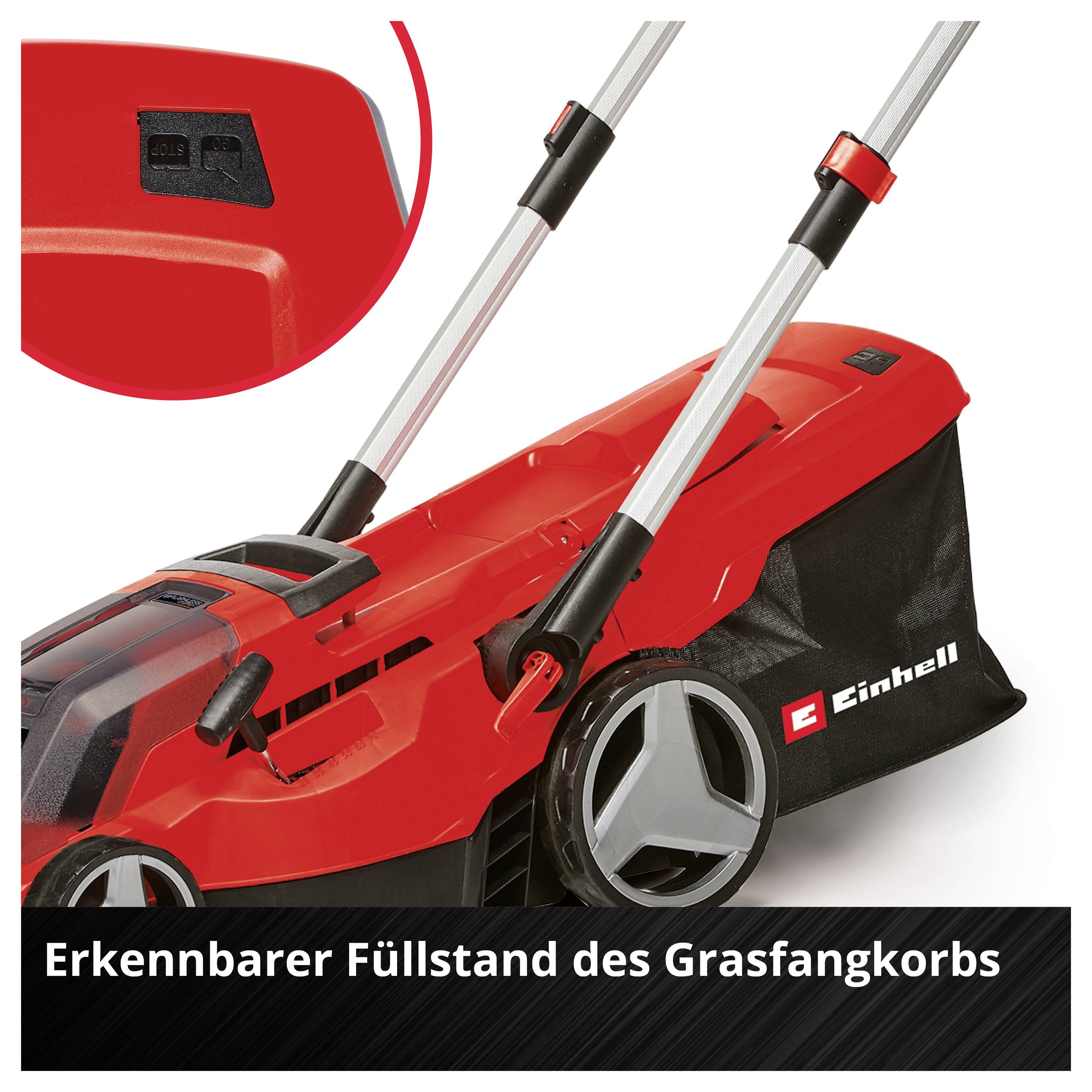 Roter Rasenmäher mit sichtbarem Grasfangkorb und Markenbeschriftung an der Seite. Text lautet 'Erkennbarer Füllstand des Grasfangkorbs'.