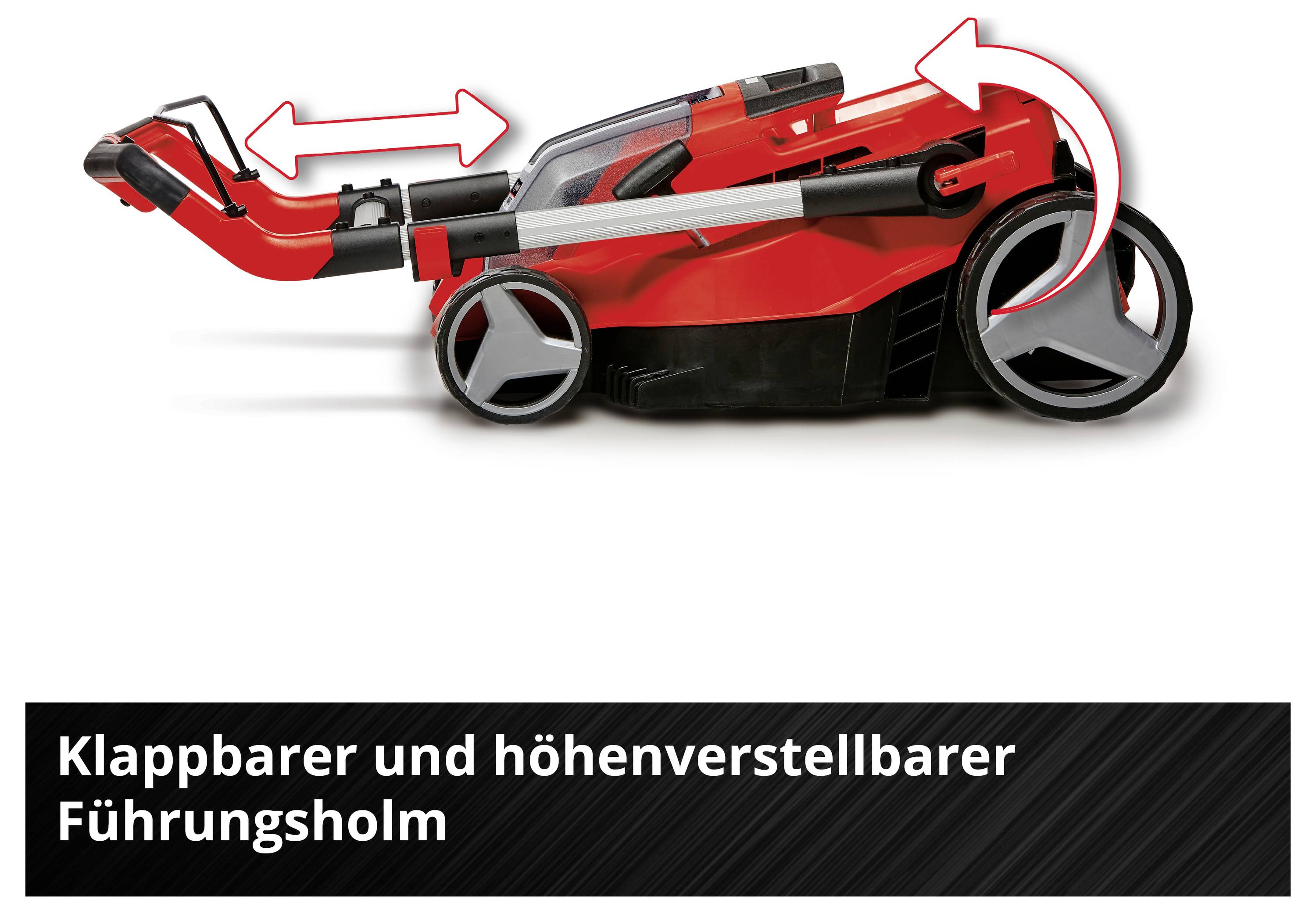 Ein zusammengeklappter roter und schwarzer Rasenmäher mit verstellbarem Griff, der seine kompakte Aufbewahrung demonstriert. Deutscher Text lautet: 'Klappbarer und höhenverstellbarer Führungsholm'.