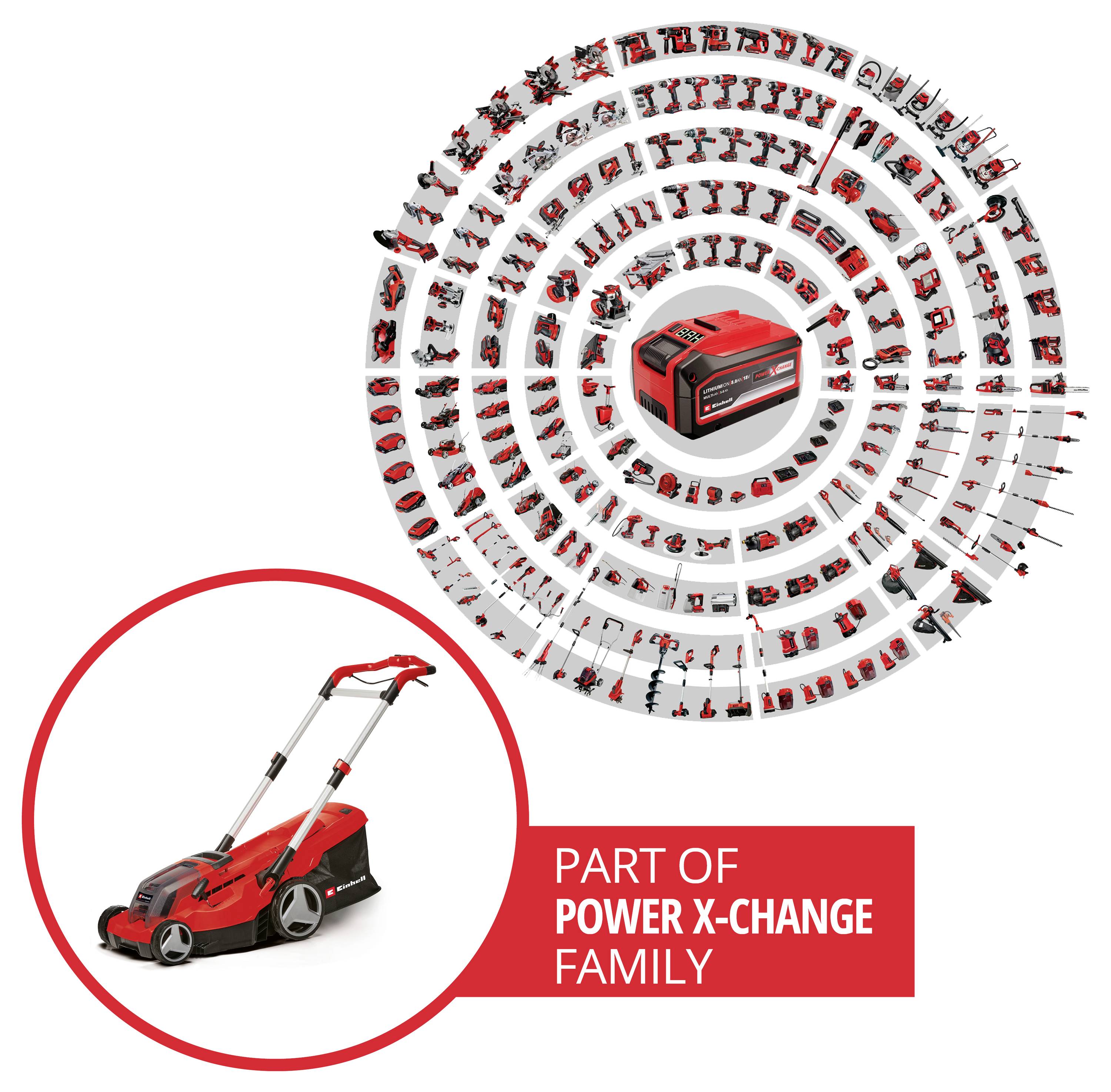 Eine kreisförmige Anordnung verschiedener Elektrowerkzeuge, zentriert um eine Power X-Change Batterie. Eingesetzt: ein roter Rasenmäher. Text: 'Teil der Power X-Change Familie'