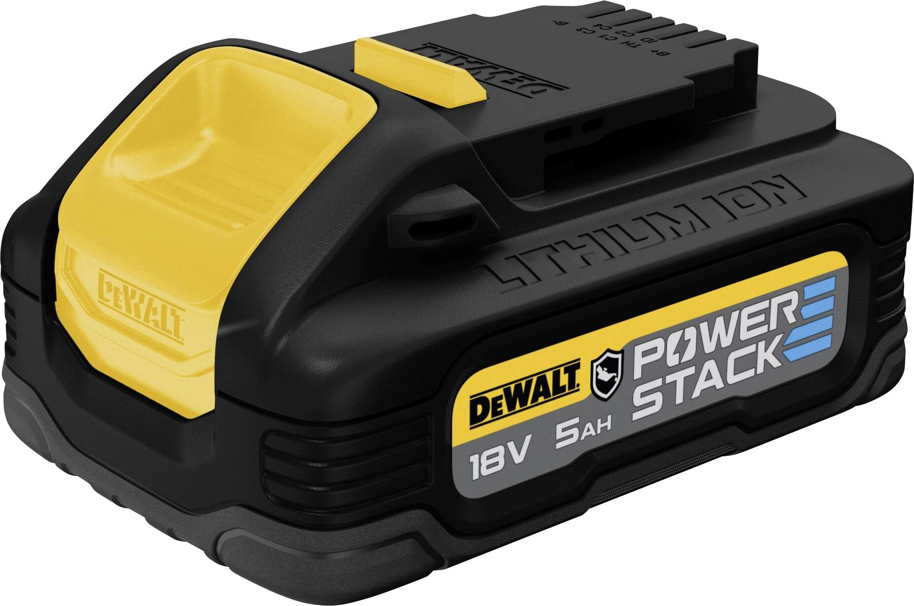 Ein 18V 5Ah DeWalt Lithium-Ionen Akku der Powerstack Serie, schwarz-gelb, kompakte und robuste Bauweise für Elektrowerkzeuge.