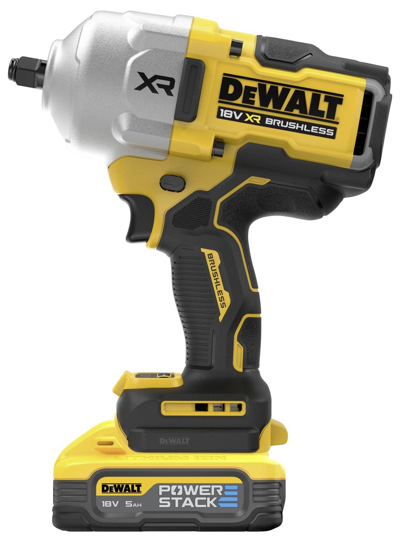 Akkuschlagschrauber in gelb-schwarzem Design mit 'DeWalt' Logo, 18V XR brushless, Powerstack Akku.