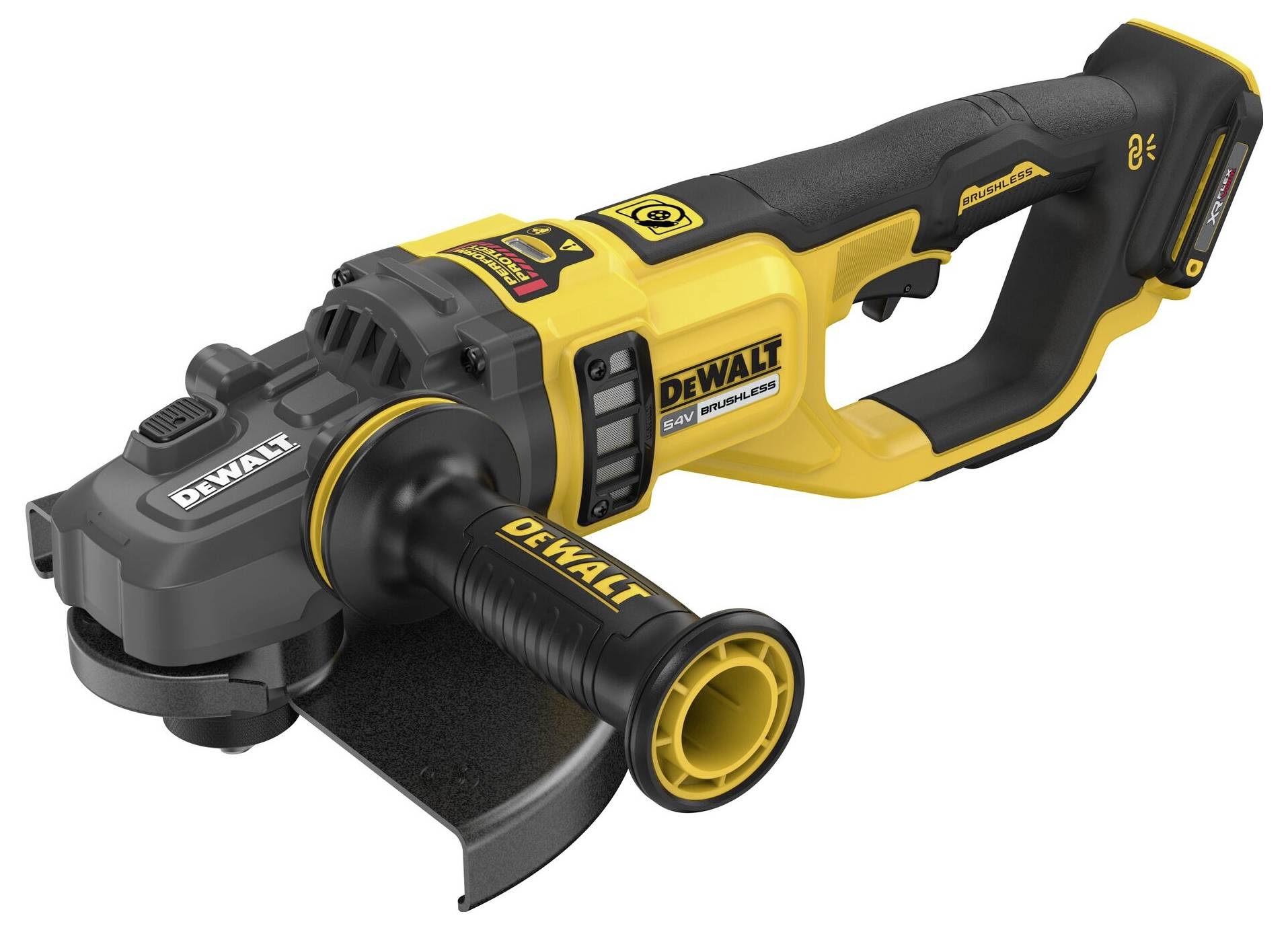 Ein gelber Akku-Winkelschleifer mit schwarzem Griff und Schutz. Markenname 'DeWalt' sichtbar auf Gerät und Griff.