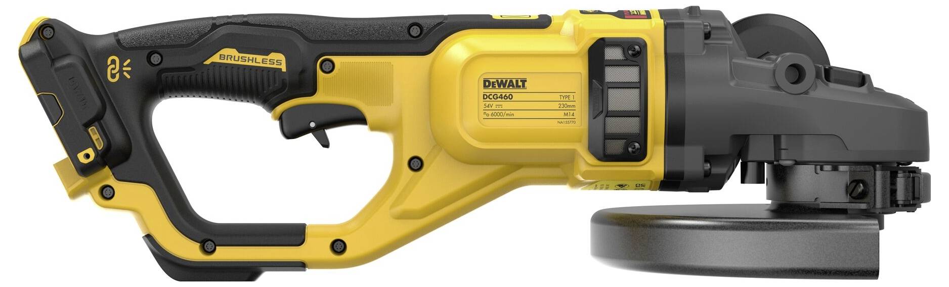 Akkubetriebener Winkelschleifer mit gelb-schwarzem Gehäuse, seitlichem Schutz und Griff.