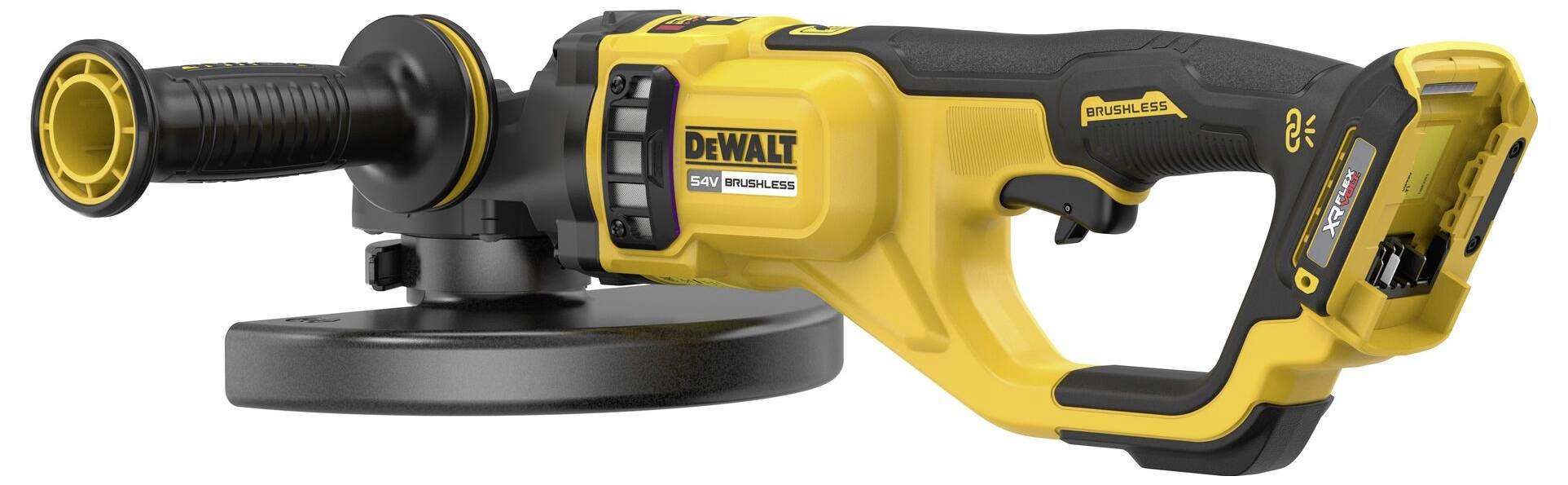 Kabelloser Winkelschleifer in Schwarz und Gelb von DeWalt mit ergonomischem Griff und Akkuhalterung, geeignet für Bau- und Heimwerkerarbeiten.