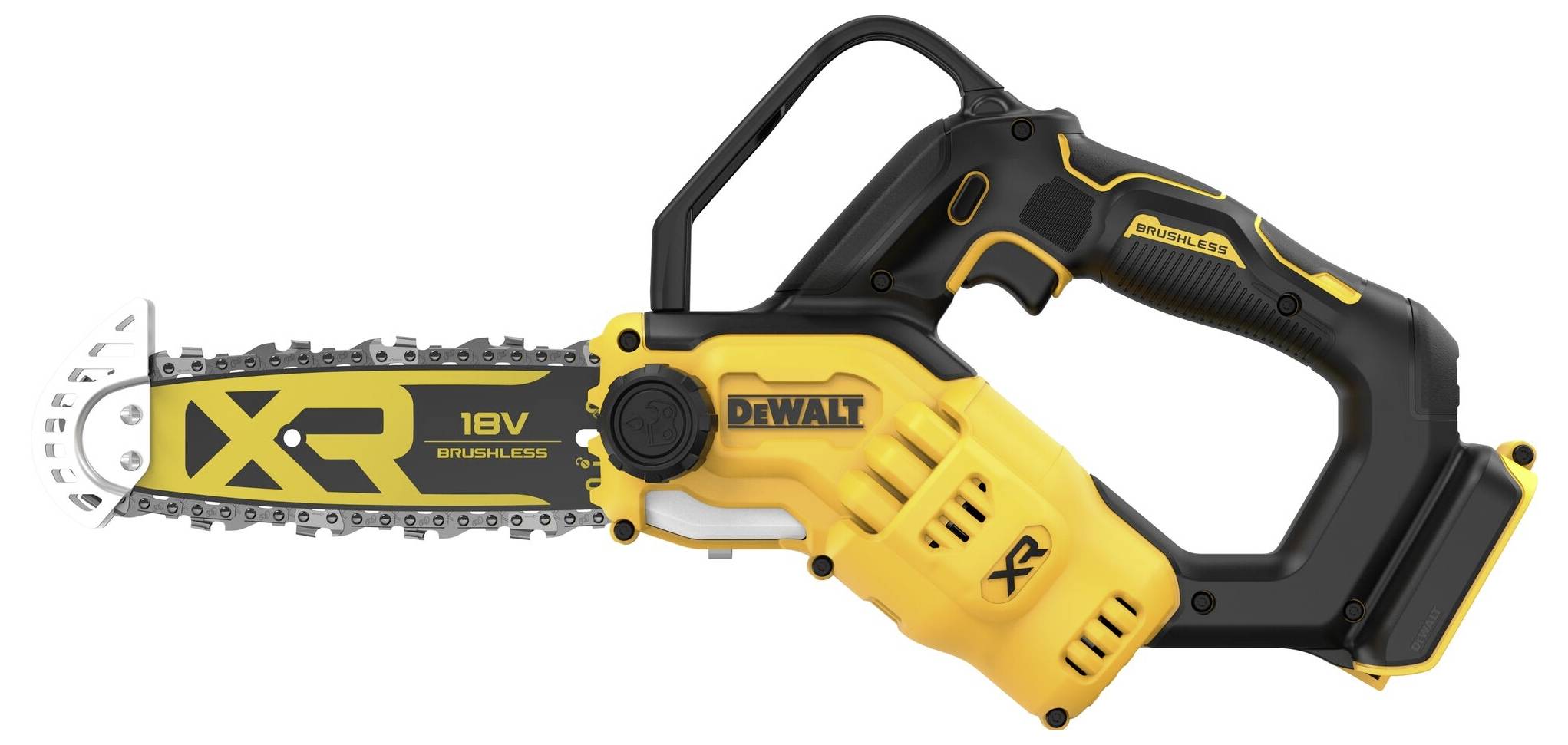 Akkubetriebene Motorsäge in Gelb und Schwarz, Modell 'DeWalt 18V XR'. Links das Schwert mit Kette, rechts der Griff mit Akkuaufnahme.