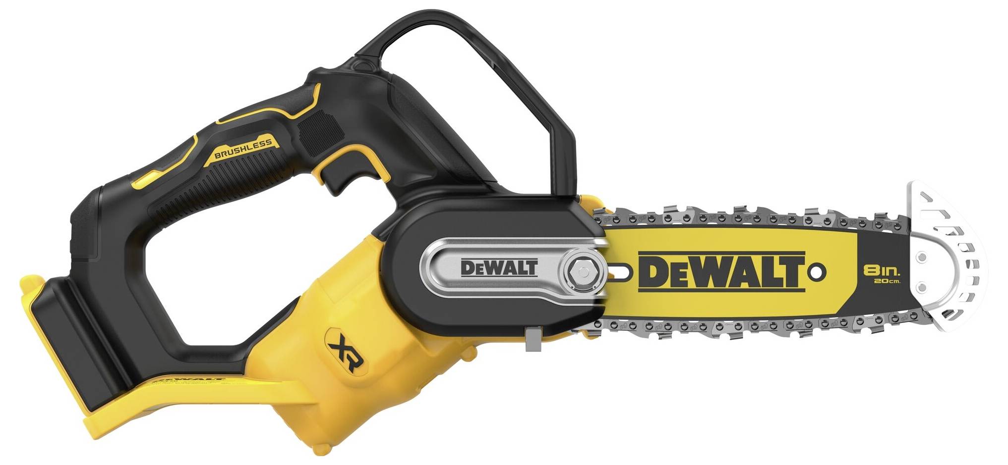 Akku-Kettensäge der Marke DEWALT, Modell mit 8 Zoll Schwertlänge, ergonomischem Griff und gelber Farbgebung.