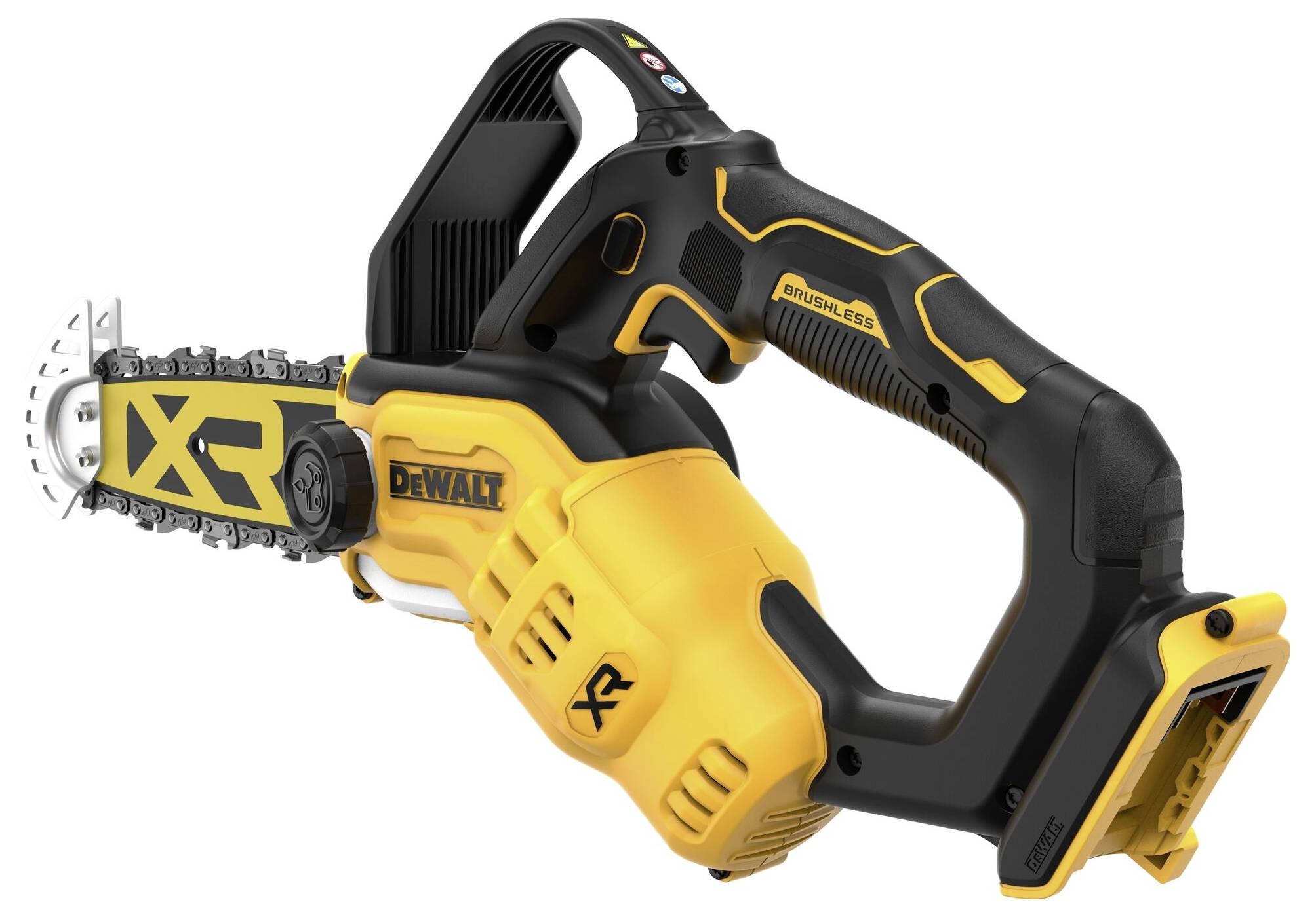 Akkubetriebene Kettensäge in Gelb und Schwarz, Marke Dewalt, Modell XR. Geeignet für präzises Schneiden und einfache Handhabung.