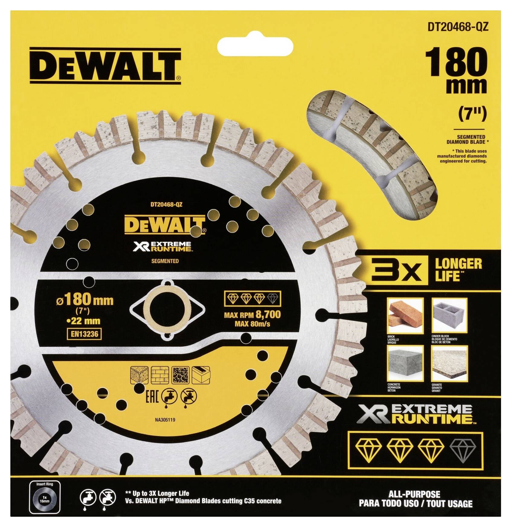 DEWALT DT20468-QZ Diamanttrennscheibe Durchmesser 180mm Bohrungs-Ø 22.23mm 1St.