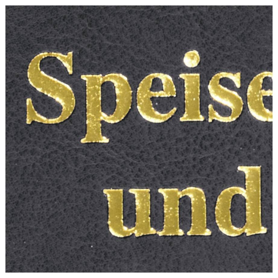 Nahaufnahme von gold-geprägtem Text auf einem dunklen Umschlag, der die Teilwörter "Speise" und "und" zeigt.