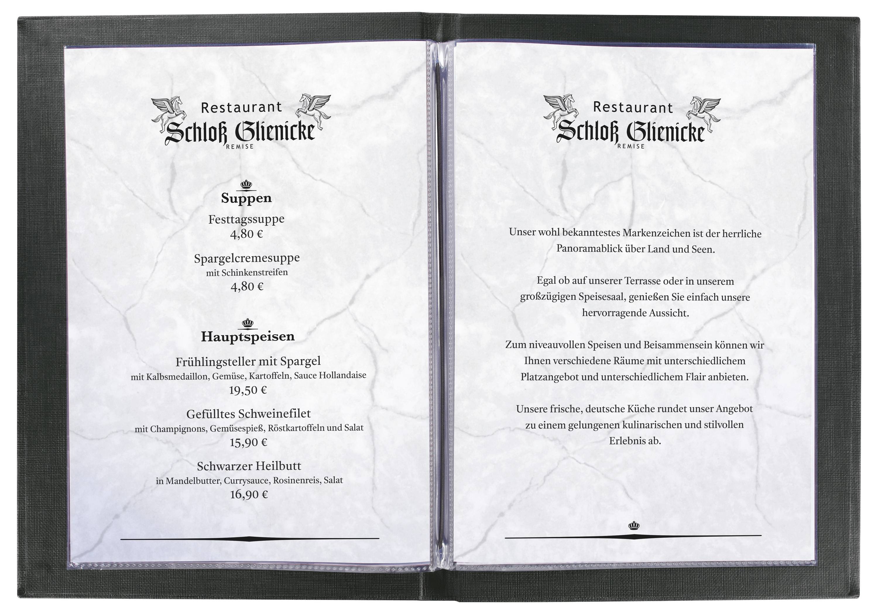 'Speisekarten-Mappe mit Gummi-Bindung', schwarz. Enthält Platz für bis zu 5 Blätter in A4-Format. Geeignet für Menükarten.