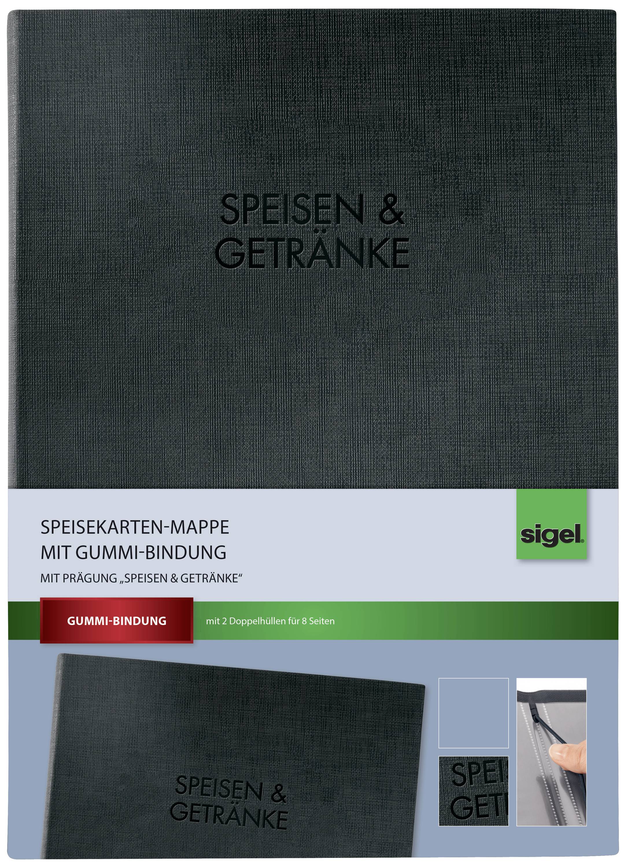 Eine schwarze Speisekarten-Mappe mit der Aufschrift 'Speisen & Getränke' und einer Gummi-Bindung, ideal zur Präsentation von Menüs.