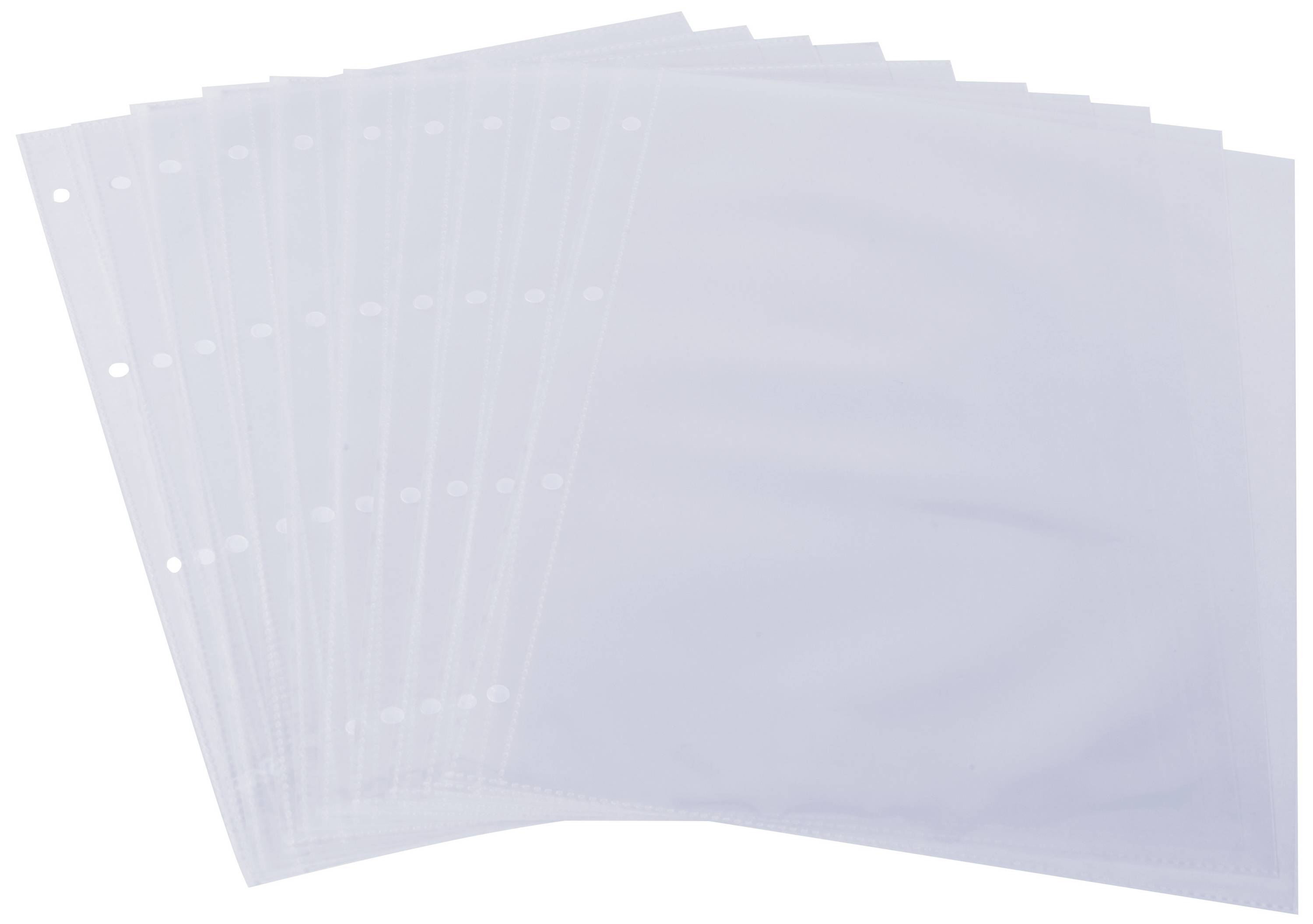 Zwölf durchsichtige Plastikhüllen, leicht gefächert, mit Lochungen am Rand, geeignet für Dokumente in einem Ordner.