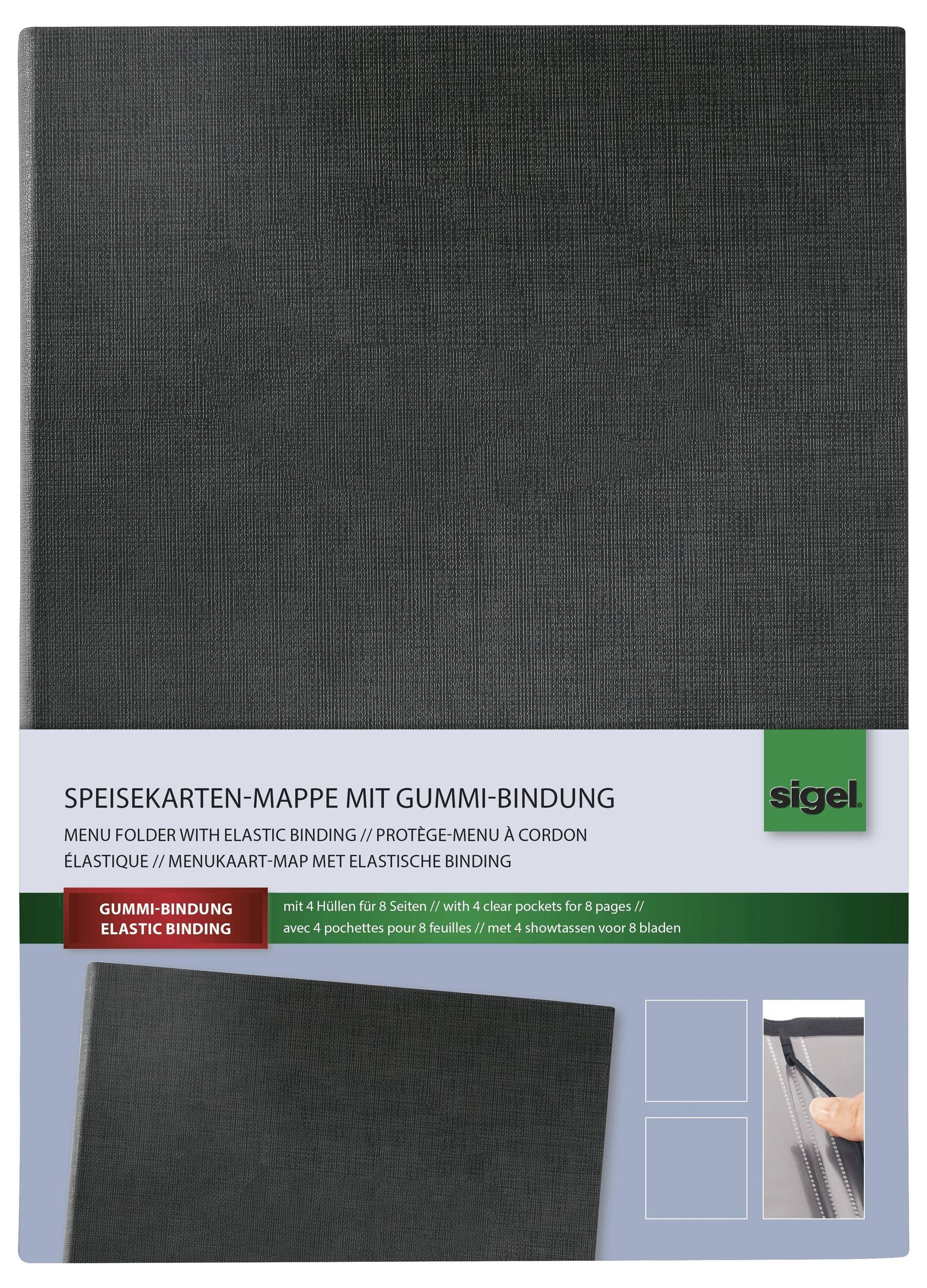 Schwarzer Sigel-Menüordner mit elastischer Bindung, dargestellt auf der Produktverpackung mit Etikettentext und kleinen Funktionsfotos.