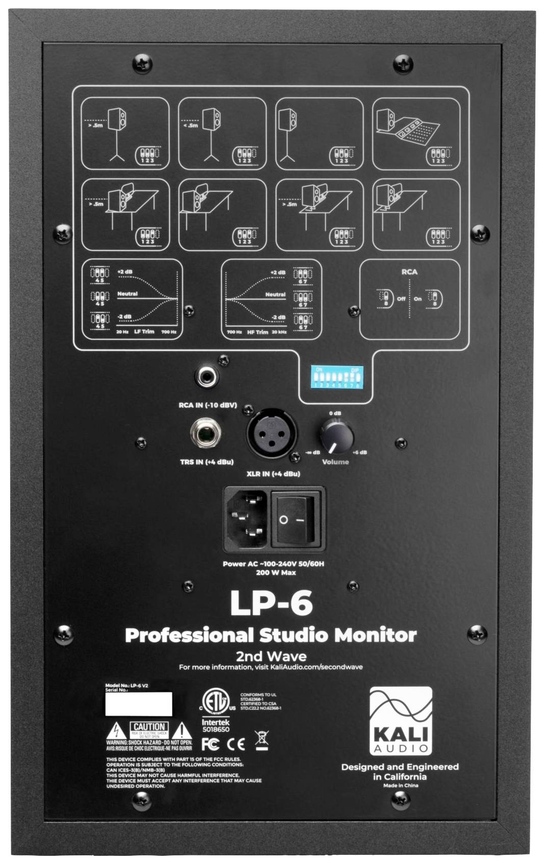 Rückseite eines Studio-Monitors mit verschiedenen Anschlüssen und Schaltern, darunter RCA und XLR. Oben Diagramme zur Anwendung.
