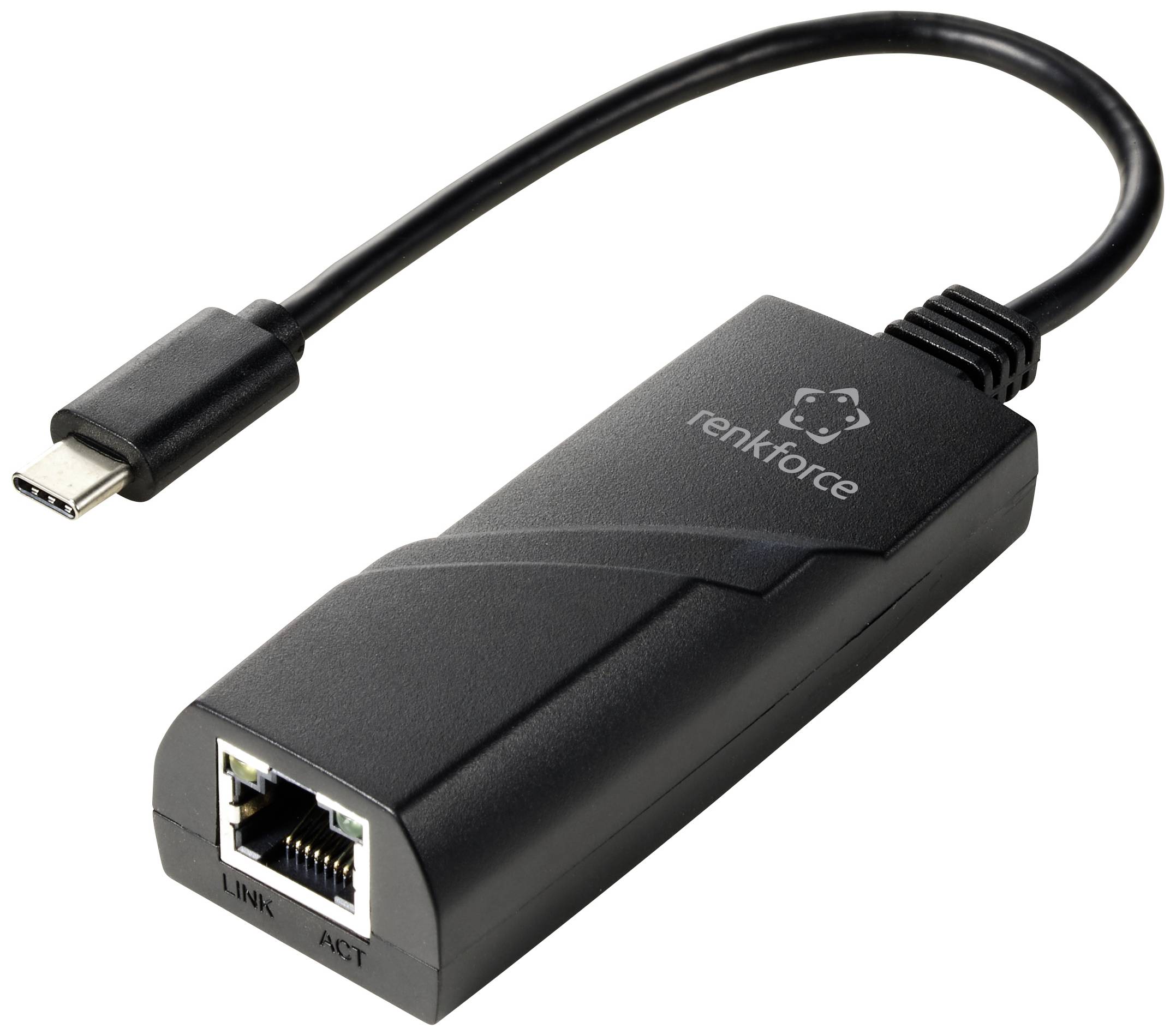 Ein schwarzer USB-C-zu-Ethernet-Adapter mit Renkforce-Logo und Ethernet-Anschluss.