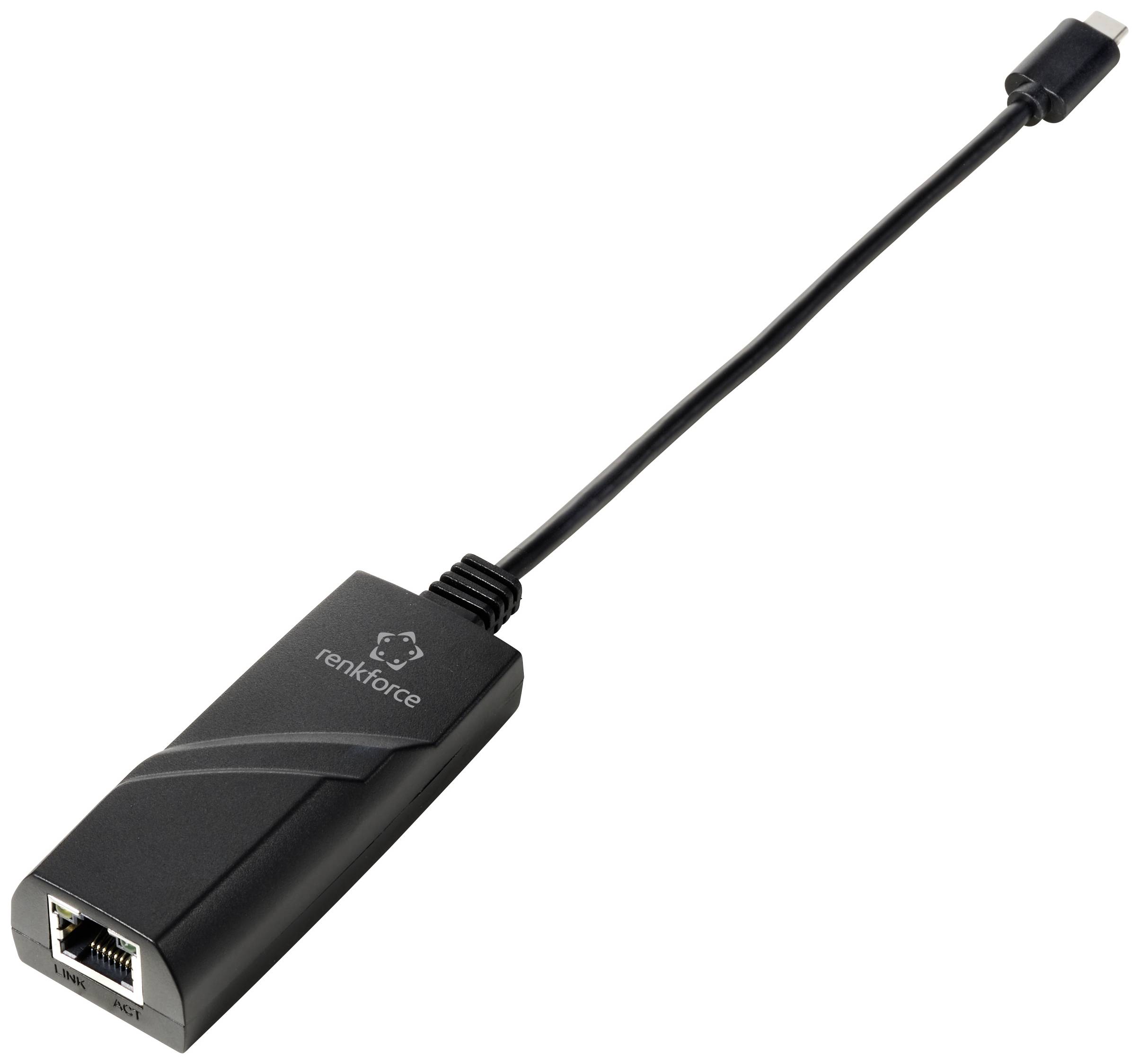 Ein schwarzer USB-C-auf-Ethernet-Adapter mit einem Ethernet-Anschluss auf einer Seite und einem USB-C-Stecker auf der anderen Seite.