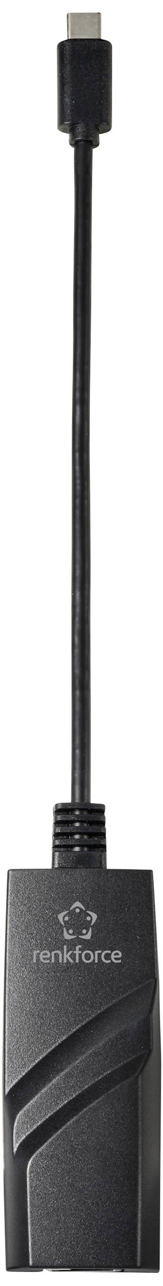 Schwarzer USB-C-Adapter mit kurzem Kabel, Logo 'renkforce' auf dem Gehäuse.