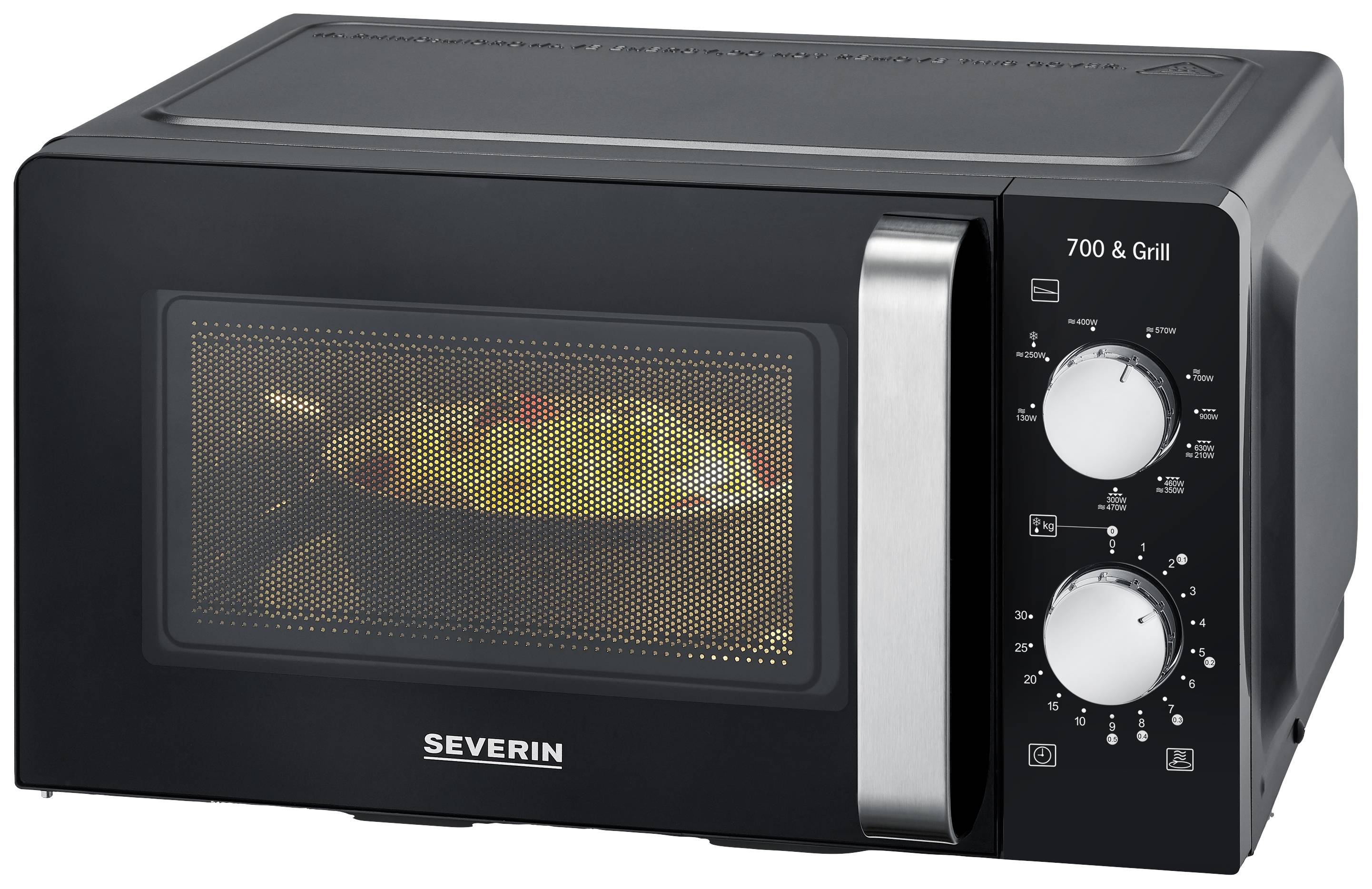 Eine schwarze Mikrowelle mit Grillfunktion. Zwei Drehknöpfe zur Steuerung von Zeit und Temperatur. Ein Gericht wird innen erhitzt.