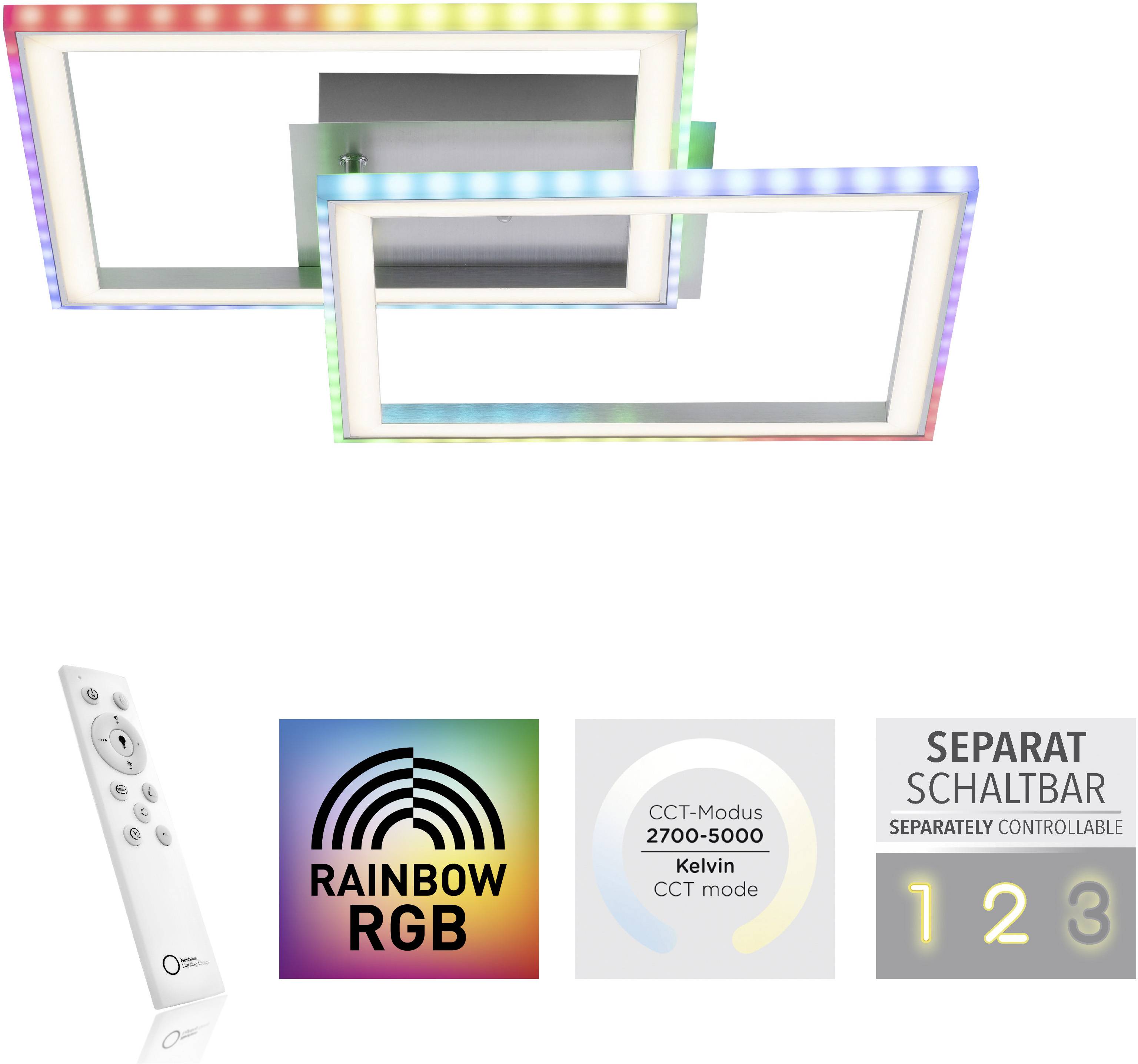 Zwei LED-Deckenleuchten mit Regenbogen-RGB-Rand, inklusive Fernbedienung zur Steuerung. Anzeigen für RGB-Modus und CCT-Modus (2700-5000 Kelvin). Separate Schaltbarkeit.