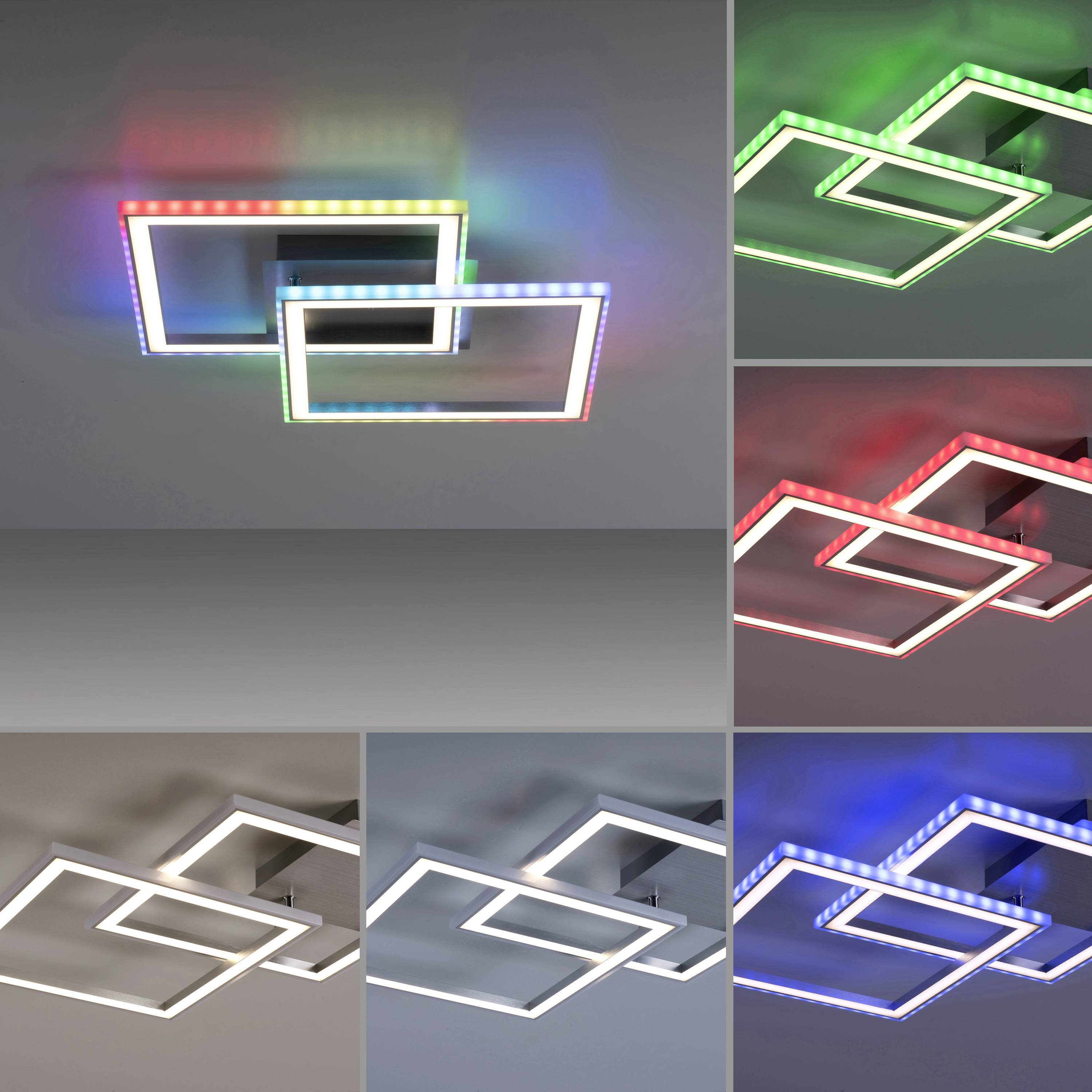 Vier Bilder zeigen moderne LED-Deckenleuchten in verschiedenen Farben: Regenbogen, Grün, Rot und Weiß, mit rechteckigen Formen.