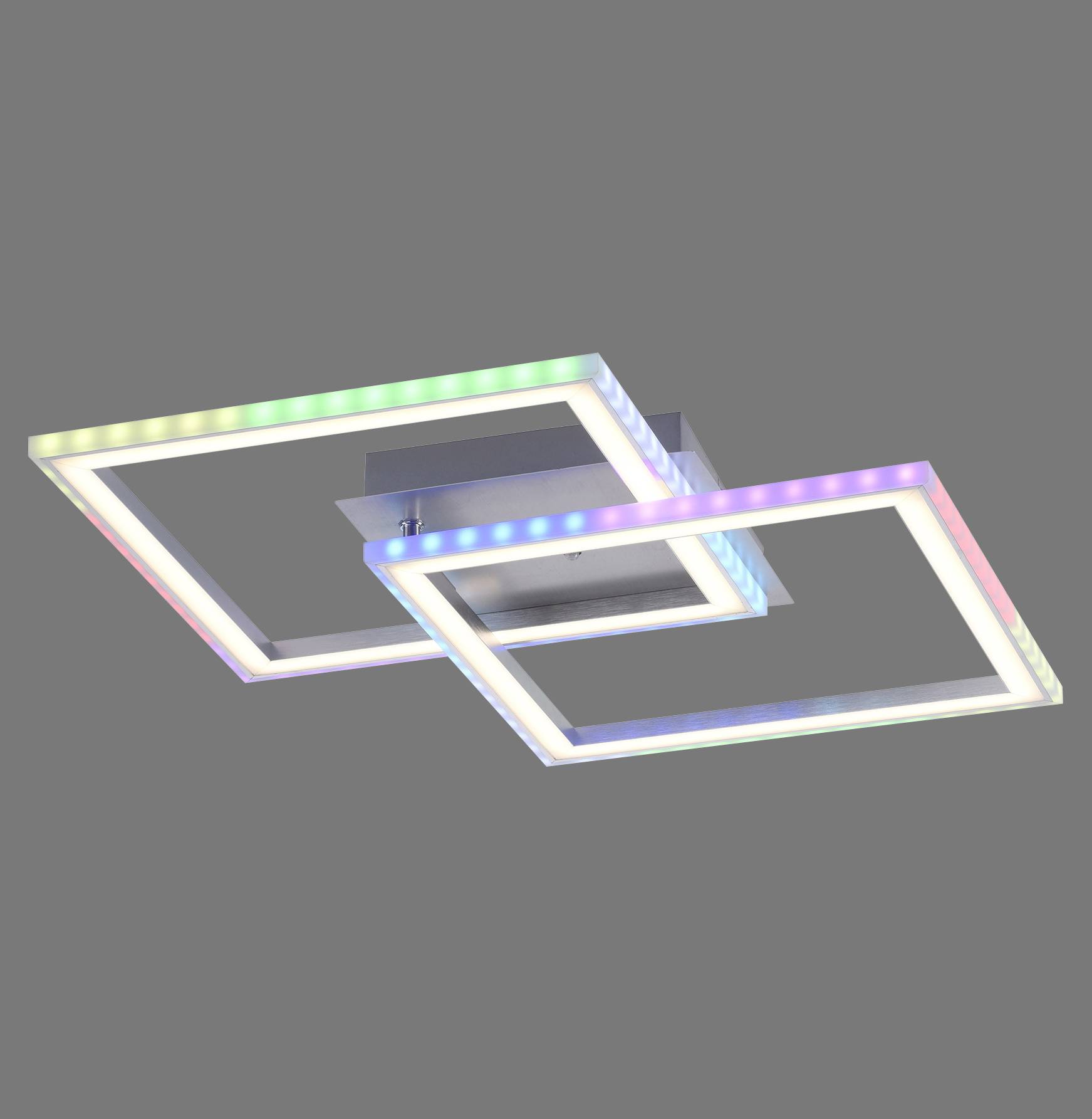 Moderne LED-Deckenleuchte mit zwei überlappenden quadratischen Rahmen, die mehrfarbig leuchten. Perfekt für zeitgenössische Wohnräume.