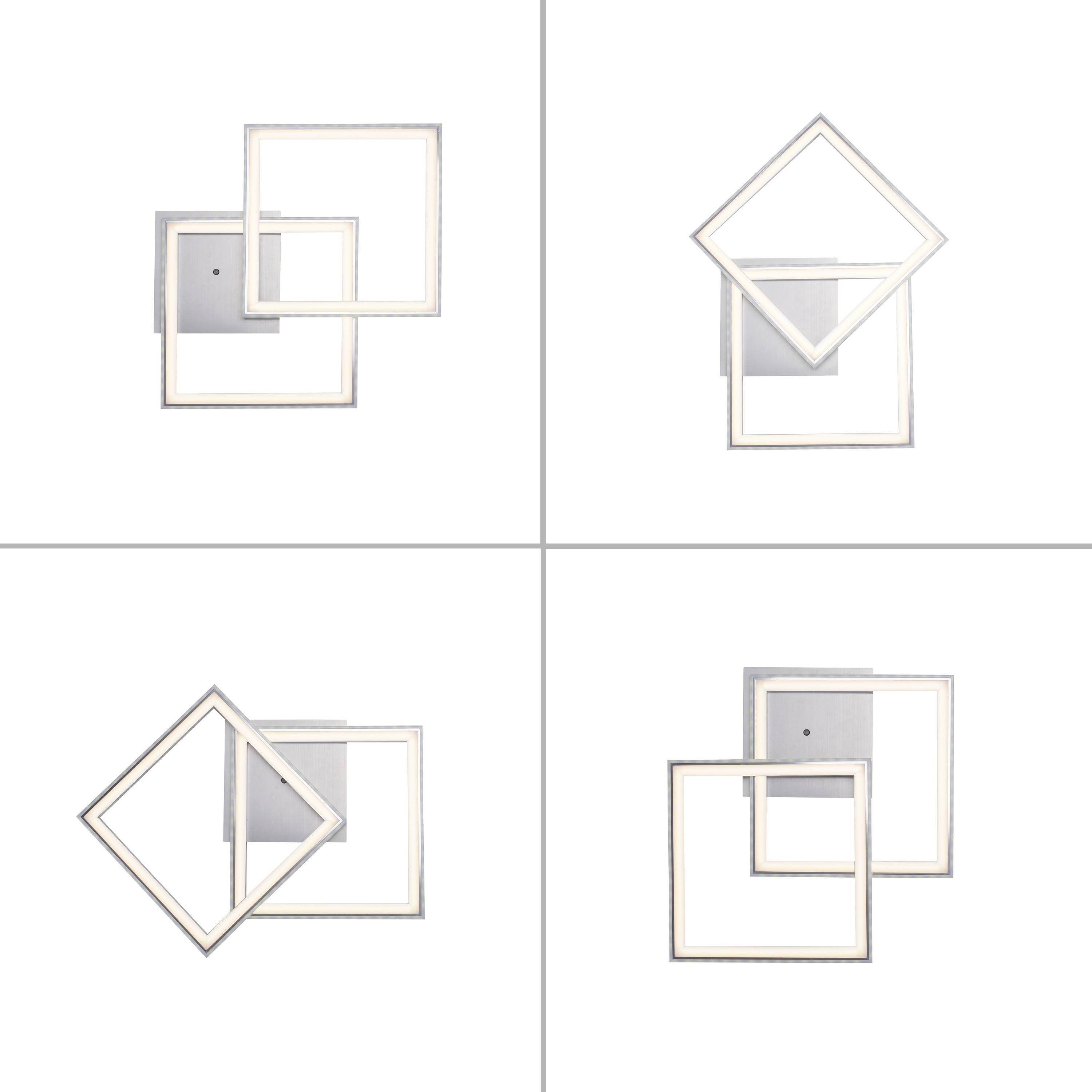 Vier geometrische Formen, je zwei Quadrate überlappend, angeordnet in einem quadratischen Raster. Minimalistisches Design.