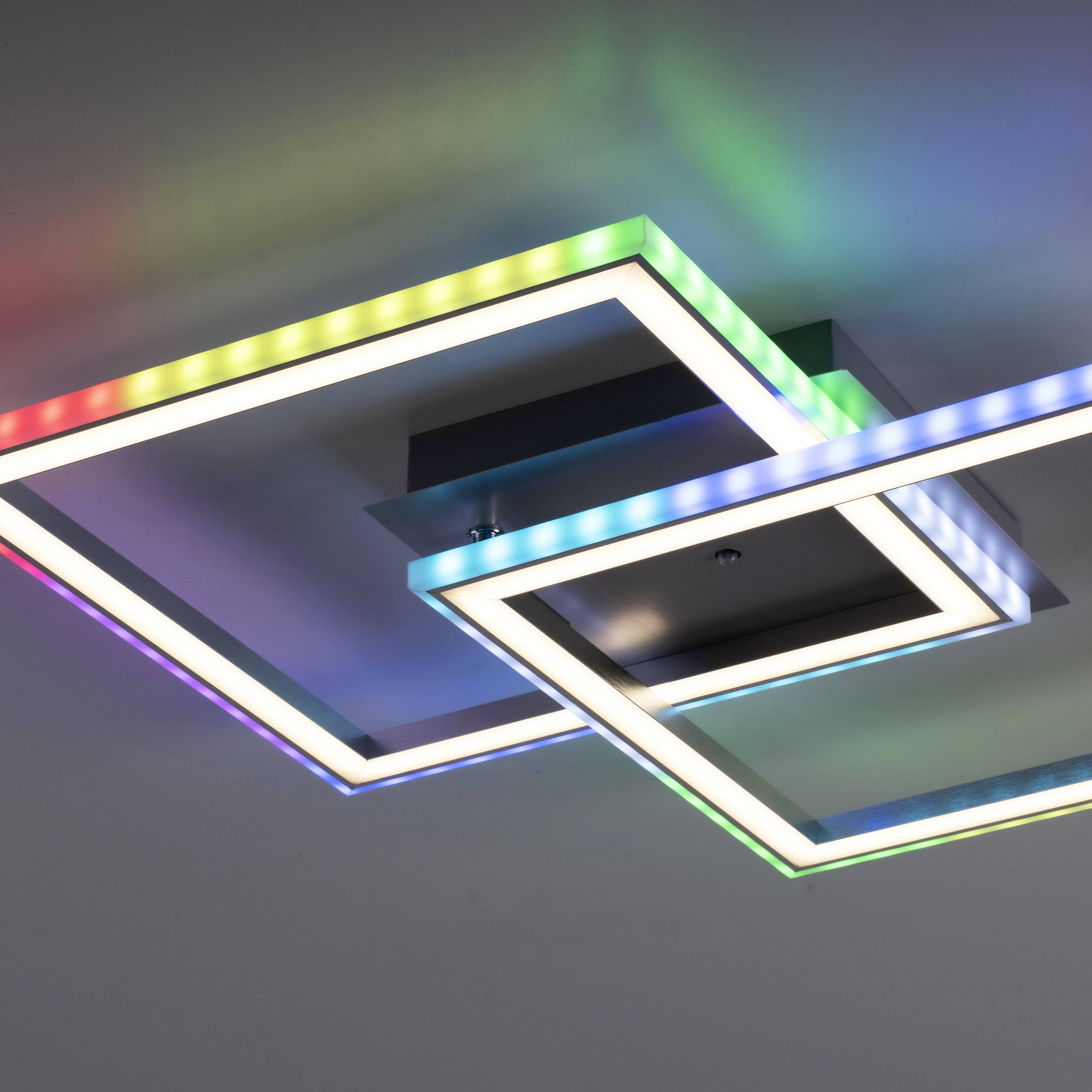 Deckenleuchte mit zwei rechteckigen LED-Rahmen in verschiedenen Farben, montiert an einer Decke. Die Lichter leuchten bunt.