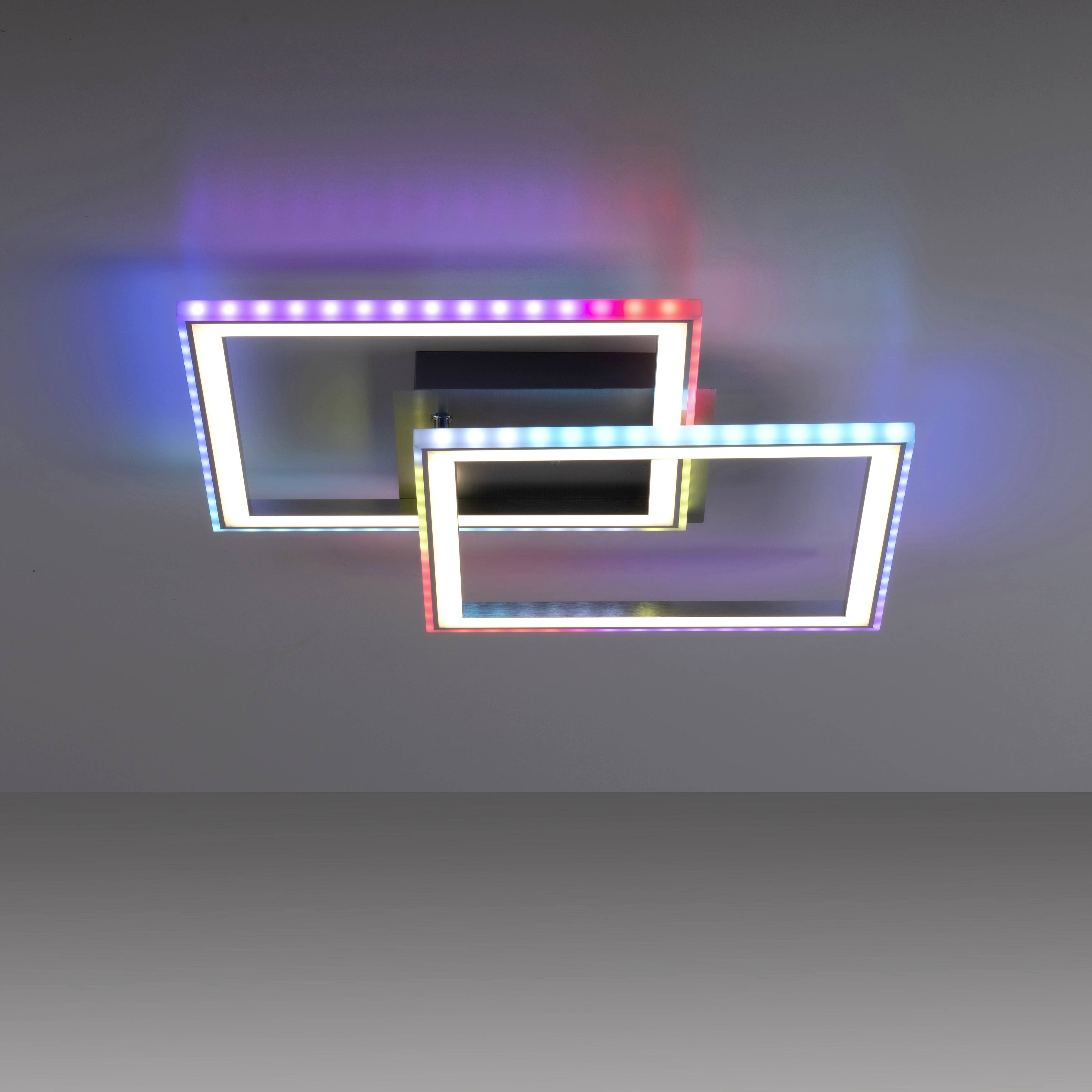 Zwei ineinandergreifende, rechteckige LED-Leuchten mit farbwechselndem Licht, an einer Decke montiert.