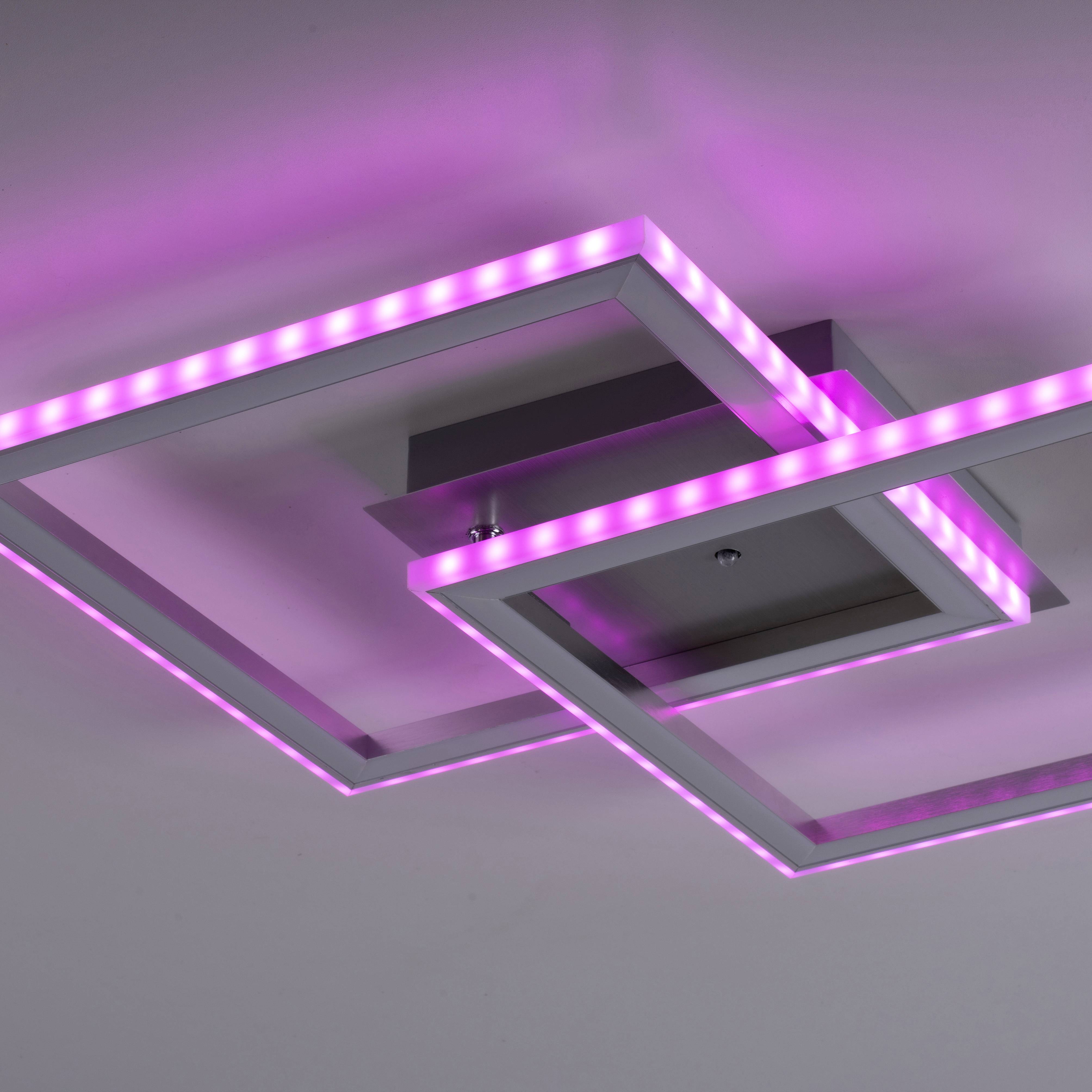 Moderne Deckenleuchte mit zwei überlappenden Rahmen, die in violettem LED-Licht erstrahlen. Elegantes, geometrisches Design.