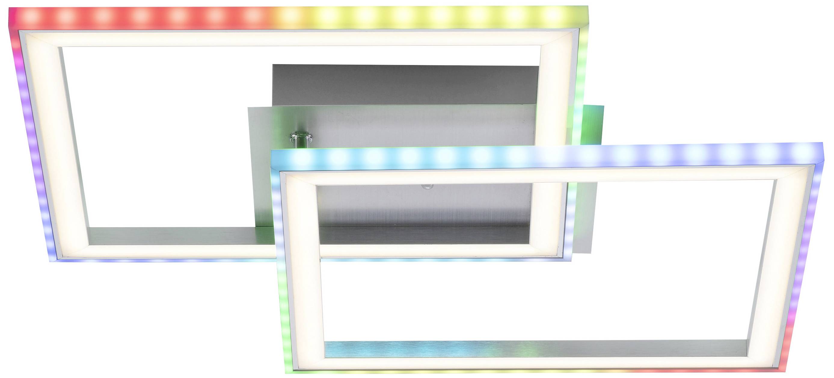 Zwei LED-Lichtpaneele in rechteckiger Form, eine übereinander versetzt. Die Rahmen leuchten in regenbogenfarbenen LED-Lichtern.