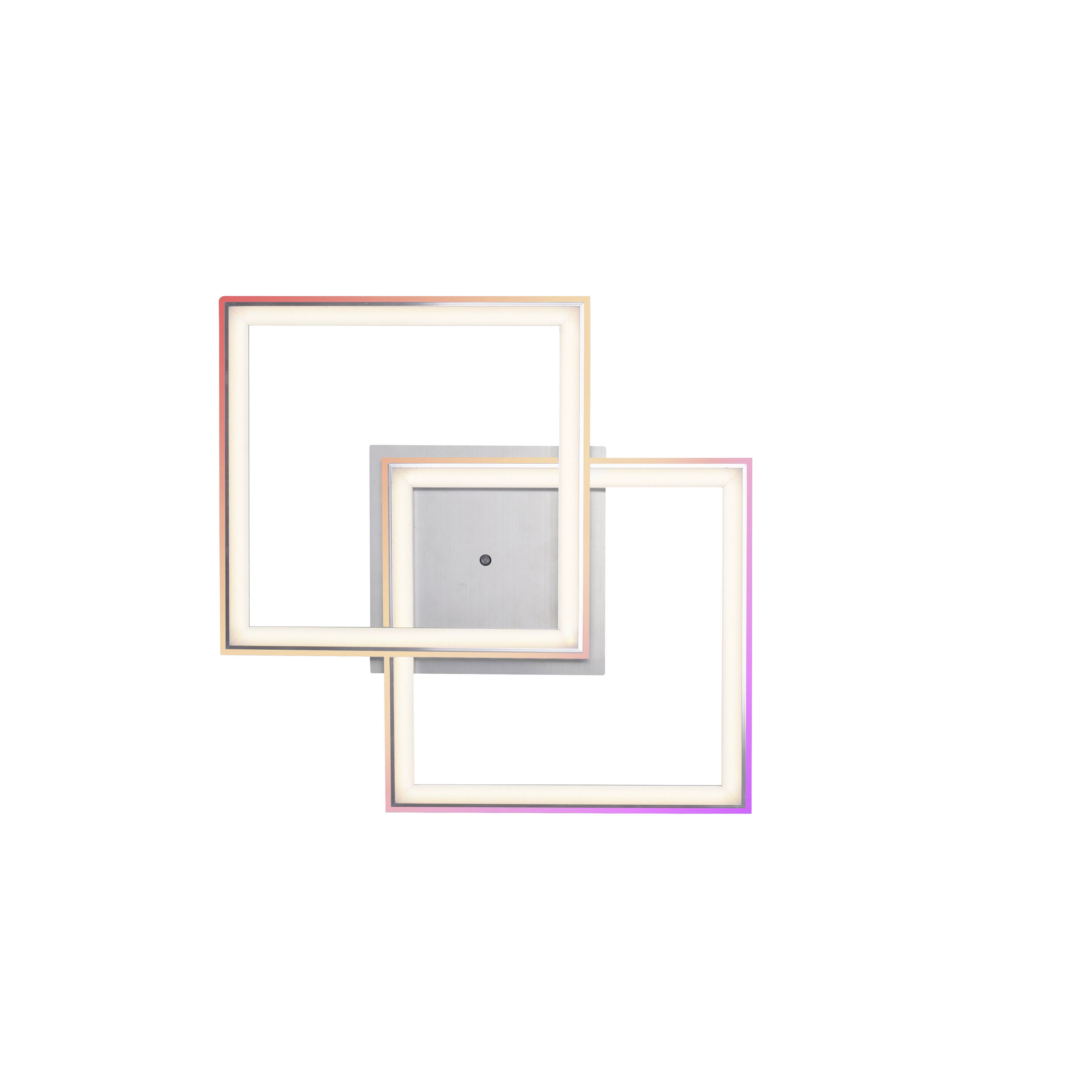 Zwei sich überschneidende, leuchtende Quadrate mit einem kleinen Punkt in der Mitte auf weißem Hintergrund.