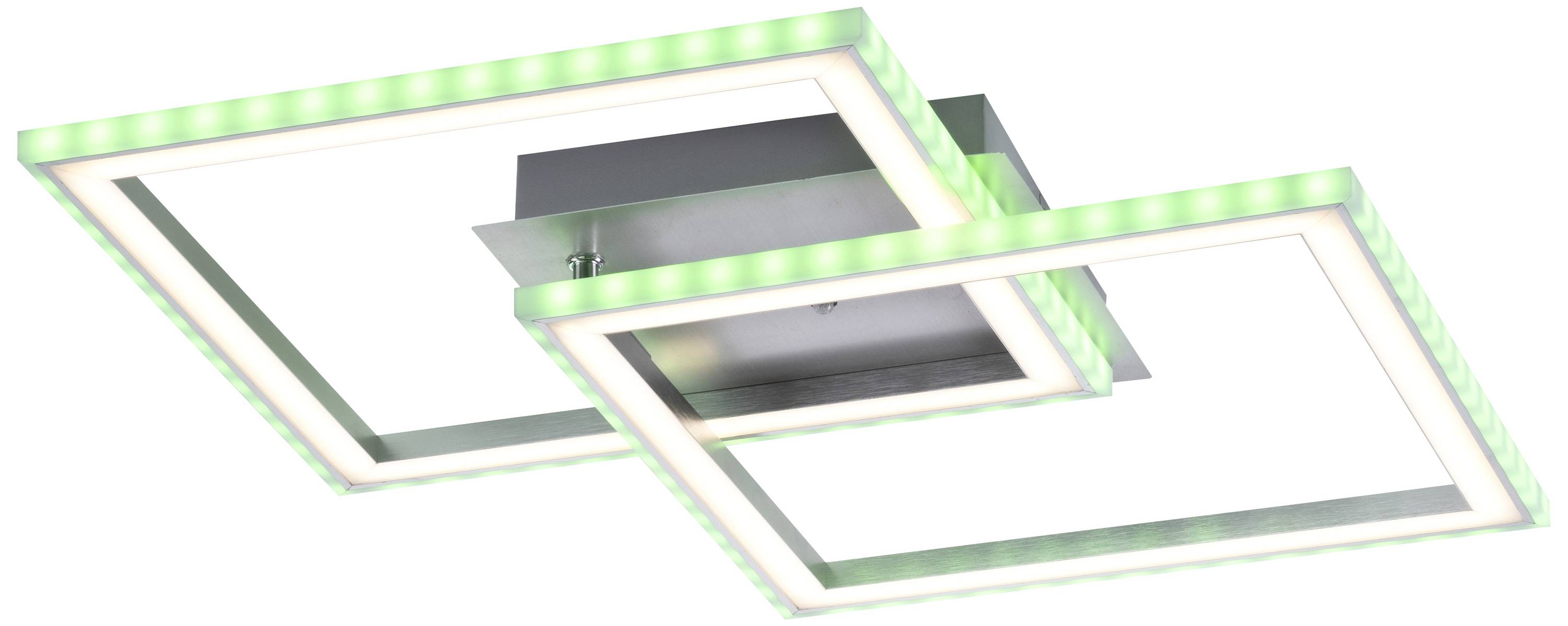 Zwei überlappende, quadratische LED-Deckenleuchten mit grünem Licht, die an einer silbernen Halterung angebracht sind.