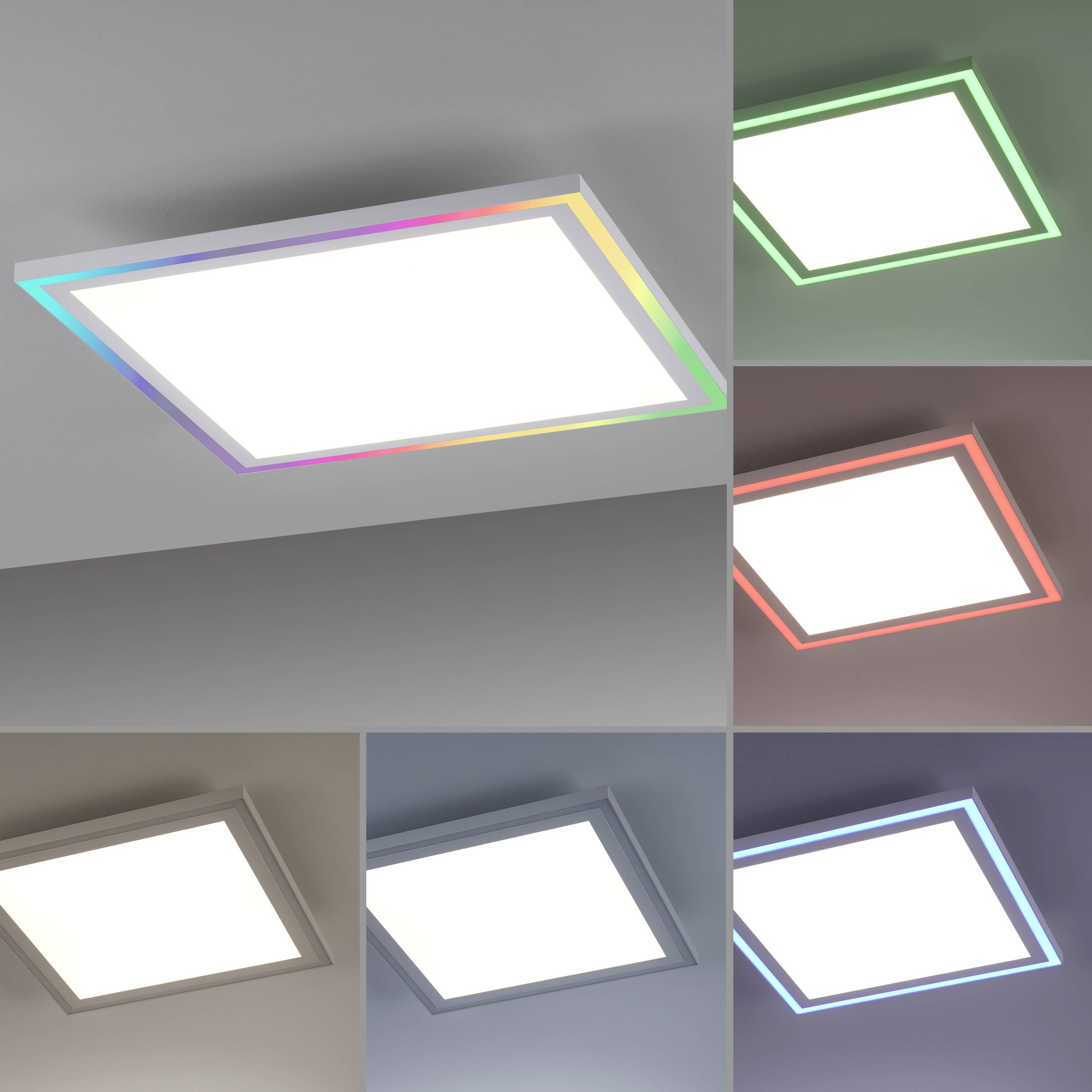 LED-Deckenleuchte mit quadratischem Design, wechselnden Farben an den Rändern: Grün, Rot und mehr. Beleuchtet Innenraum gleichmäßig.