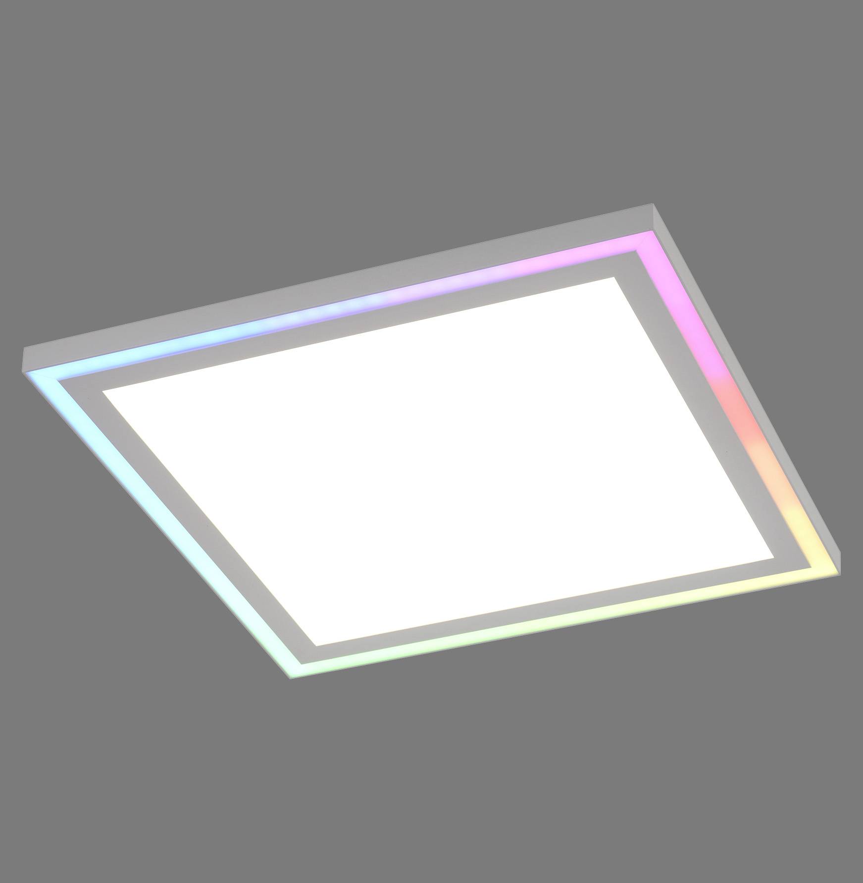 Weiße, quadratische LED-Deckenleuchte mit einem regenbogenfarbenen Rand auf grauem Hintergrund.