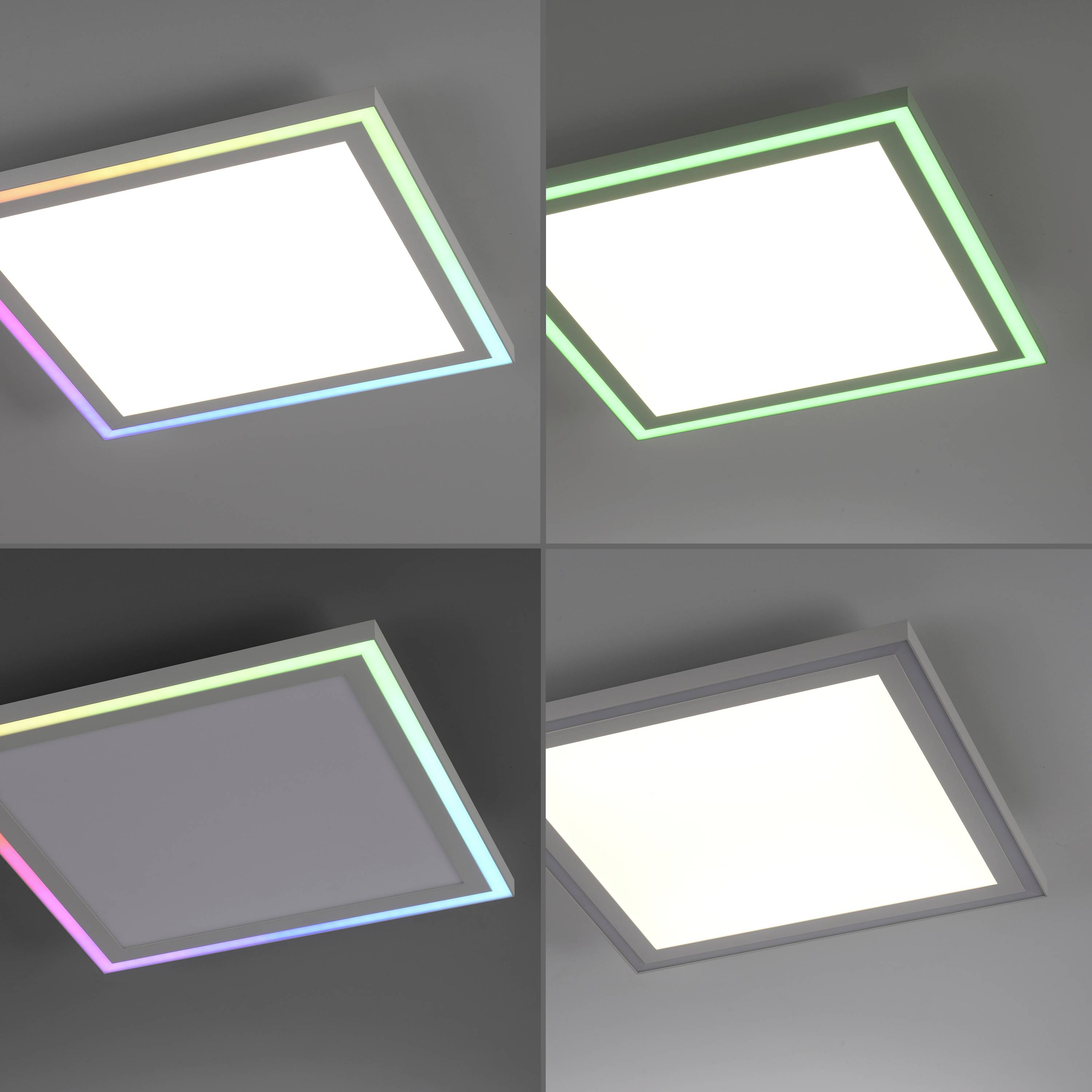 Vier quadratische LED-Panele unterschiedlicher Beleuchtung: oben links und unten rechts weiß, oben rechts grün, unten links rosa.