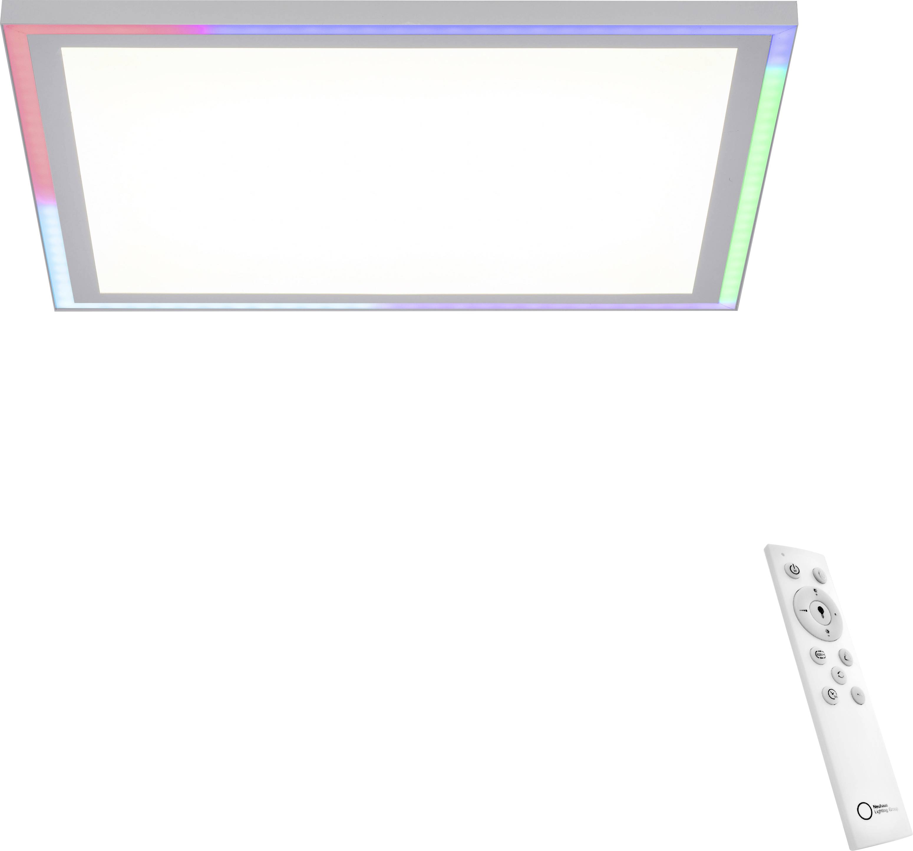 Ein quadratisches LED-Deckenelement mit Farbwechselleiste an den Rändern und eine Fernbedienung darunter.