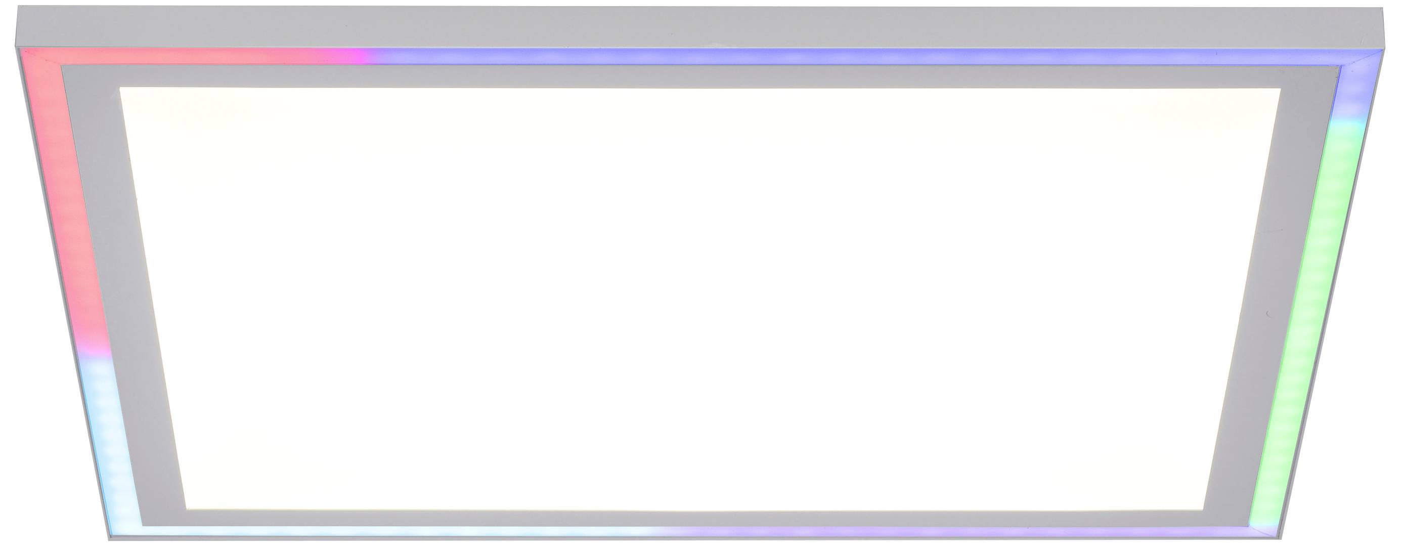 Eine rechteckige LED-Lampe mit einem leuchtenden Rand in wechselnden Farben, hauptsächlich rot, blau und grün.