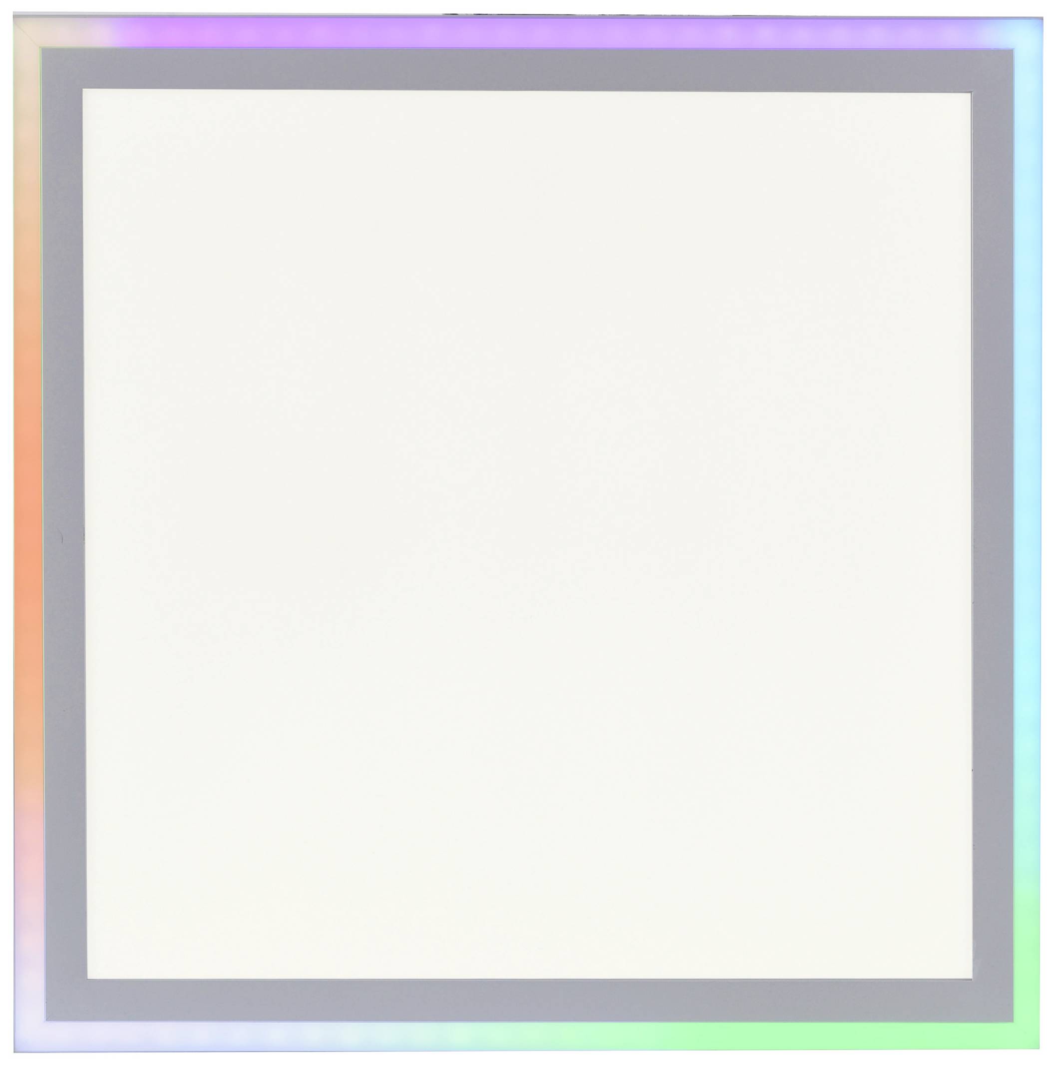 Ein leuchtender, randloser LED-Rahmen mit sanftem Farbverlauf in Regenbogenfarben, die in einem quadratischen Muster angeordnet sind.