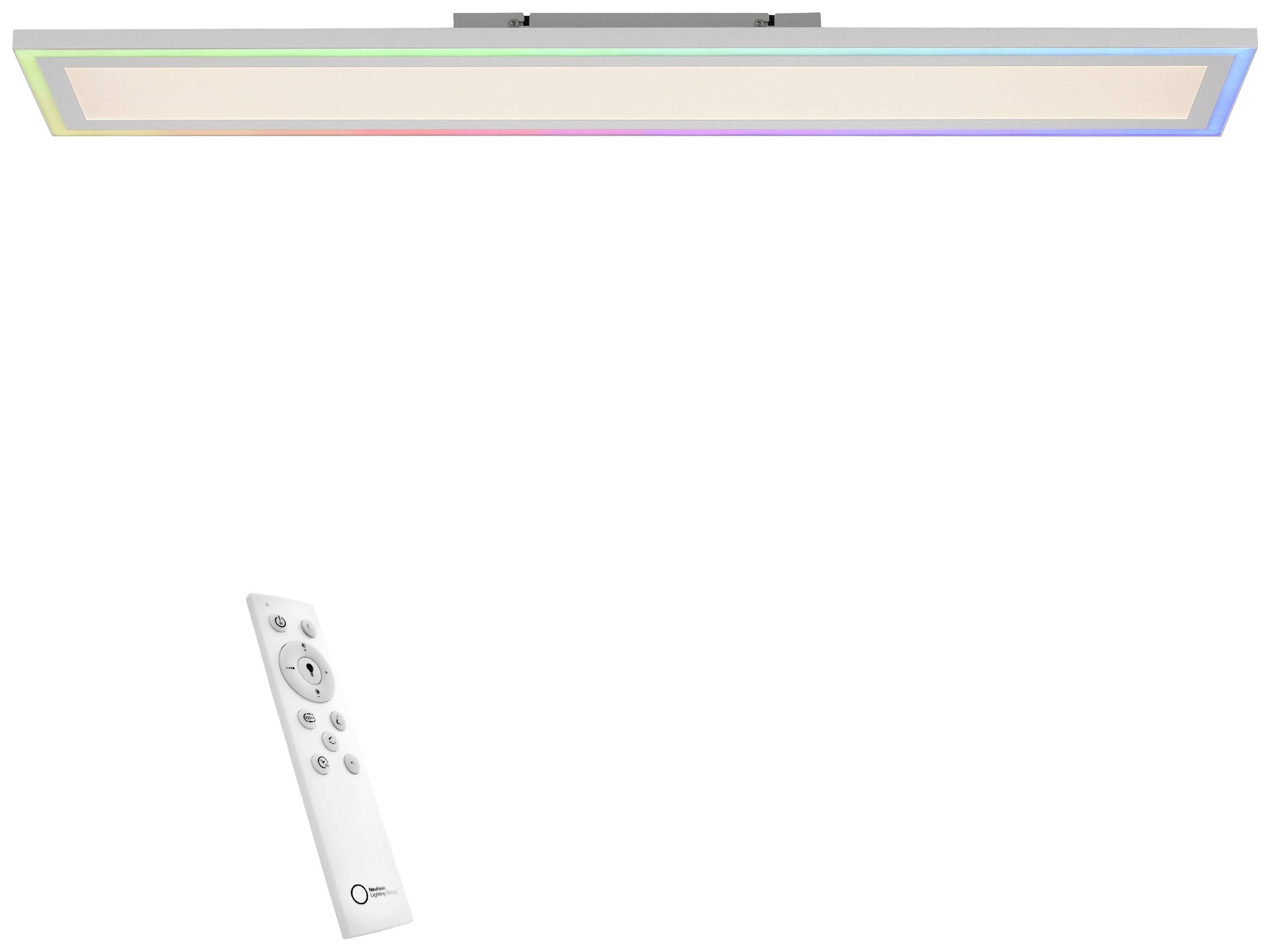 Flache LED-Deckenleuchte mit Fernbedienung, rechteckig, weiß. Die Leuchte hat einen dünnen, bunten Rand und bietet ein modernes Design.