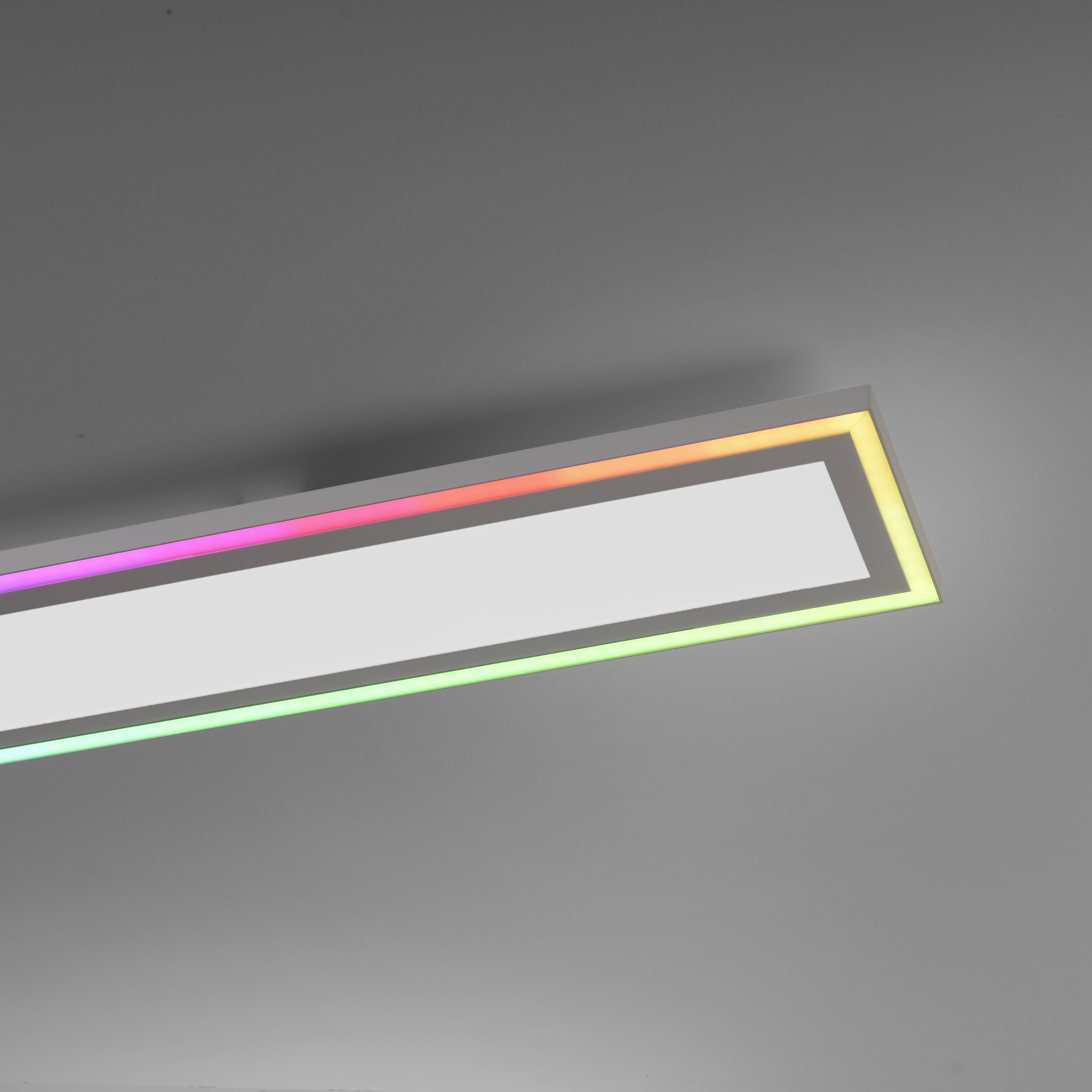 LED-Leuchte mit rechteckigem Design, schwebt horizontal unter der Decke, umgeben von dezentem Regenbogenlicht.
